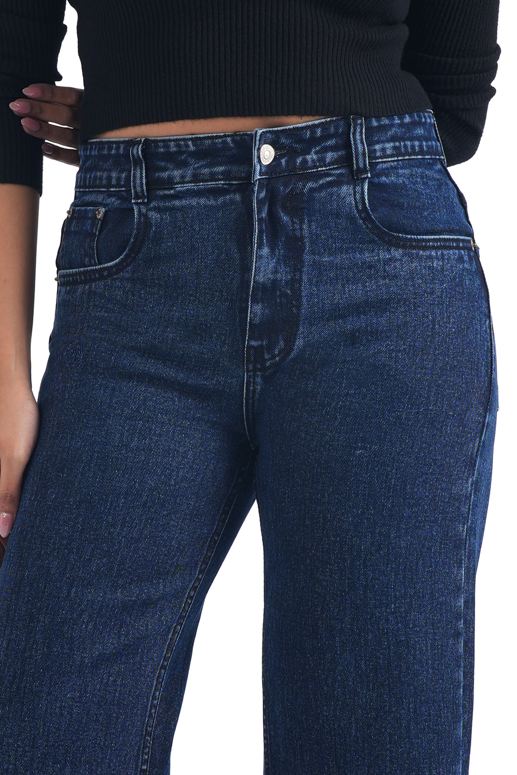 Women Dark Blue Ball Washed High Waist Wide Leg Jeans