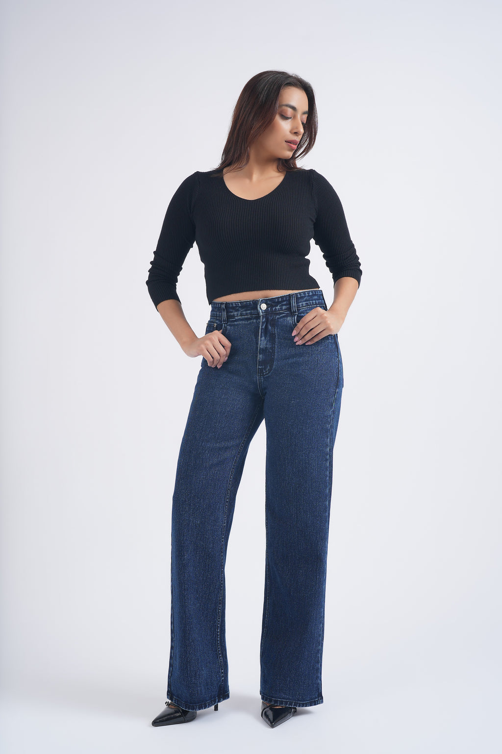 Women Dark Blue Ball Washed High Waist Wide Leg Jeans