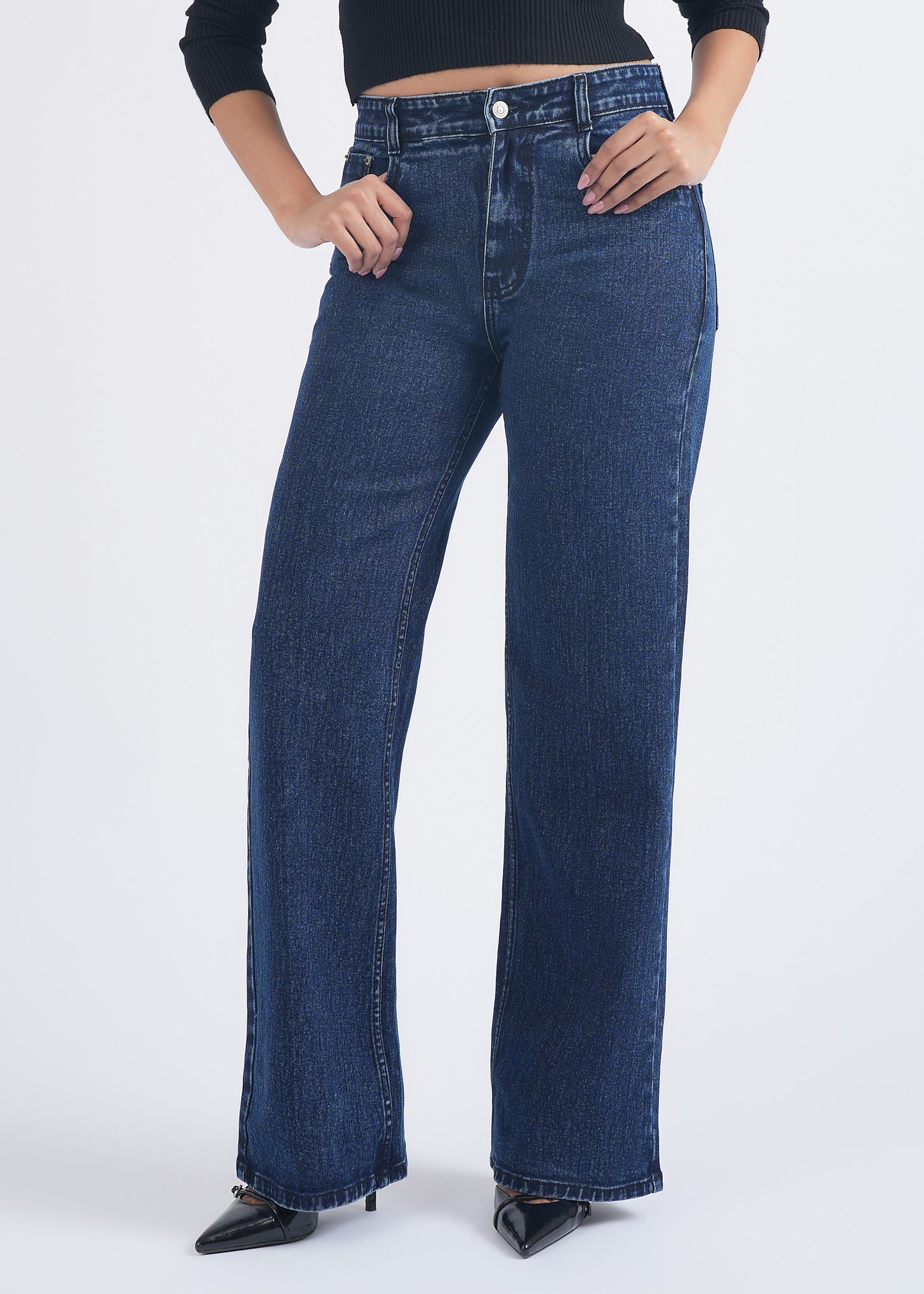 Women Dark Blue Ball Washed High Waist Wide Leg Jeans