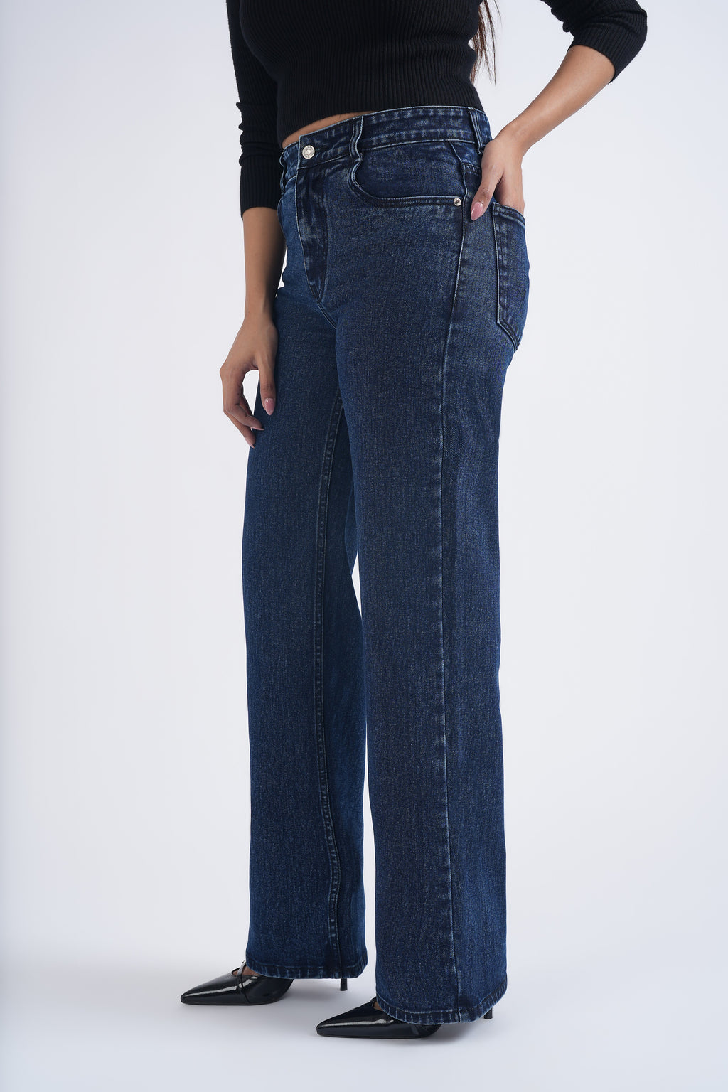 Women Dark Blue Ball Washed High Waist Wide Leg Jeans