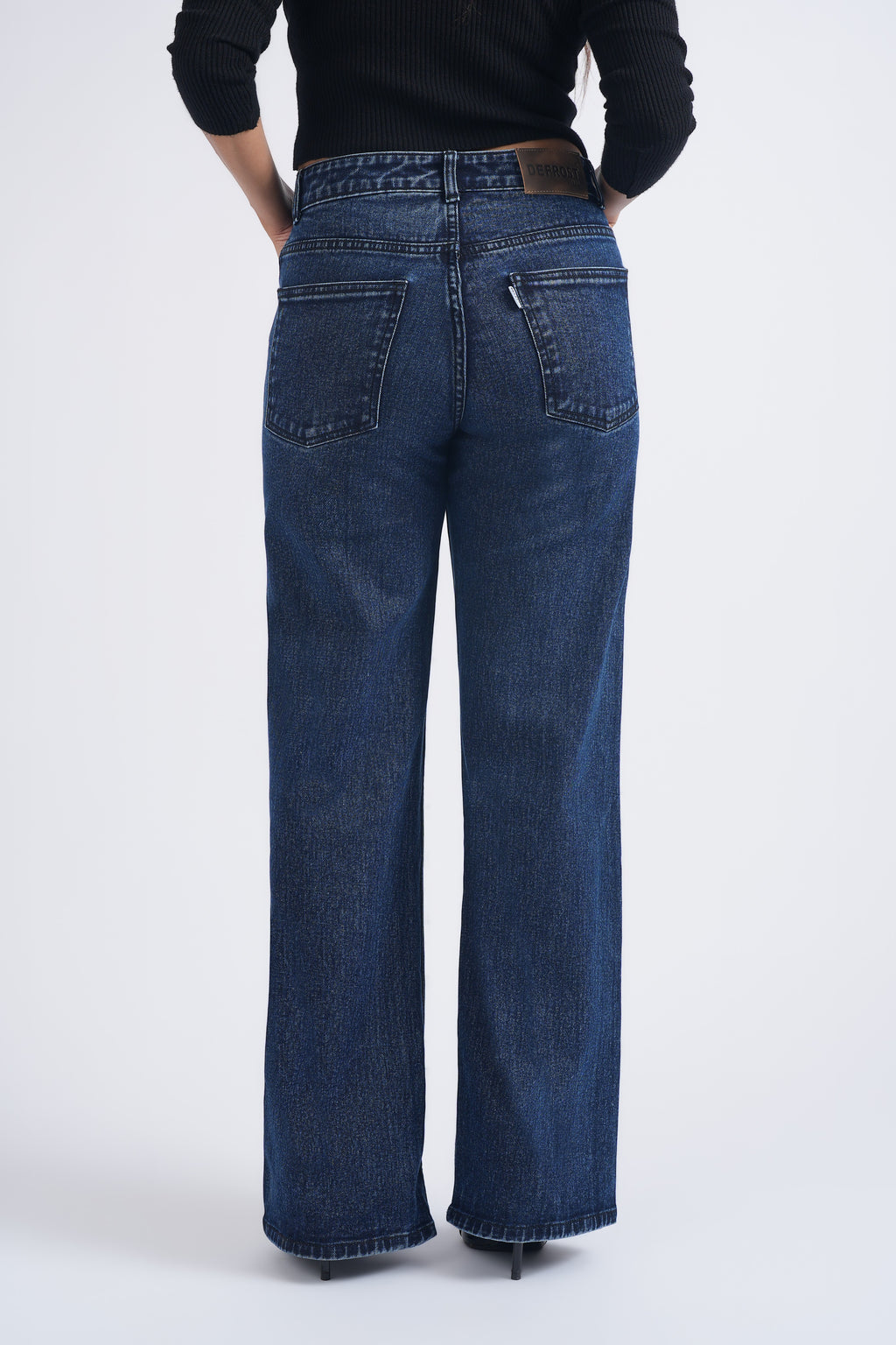 Women Dark Blue Ball Washed High Waist Wide Leg Jeans