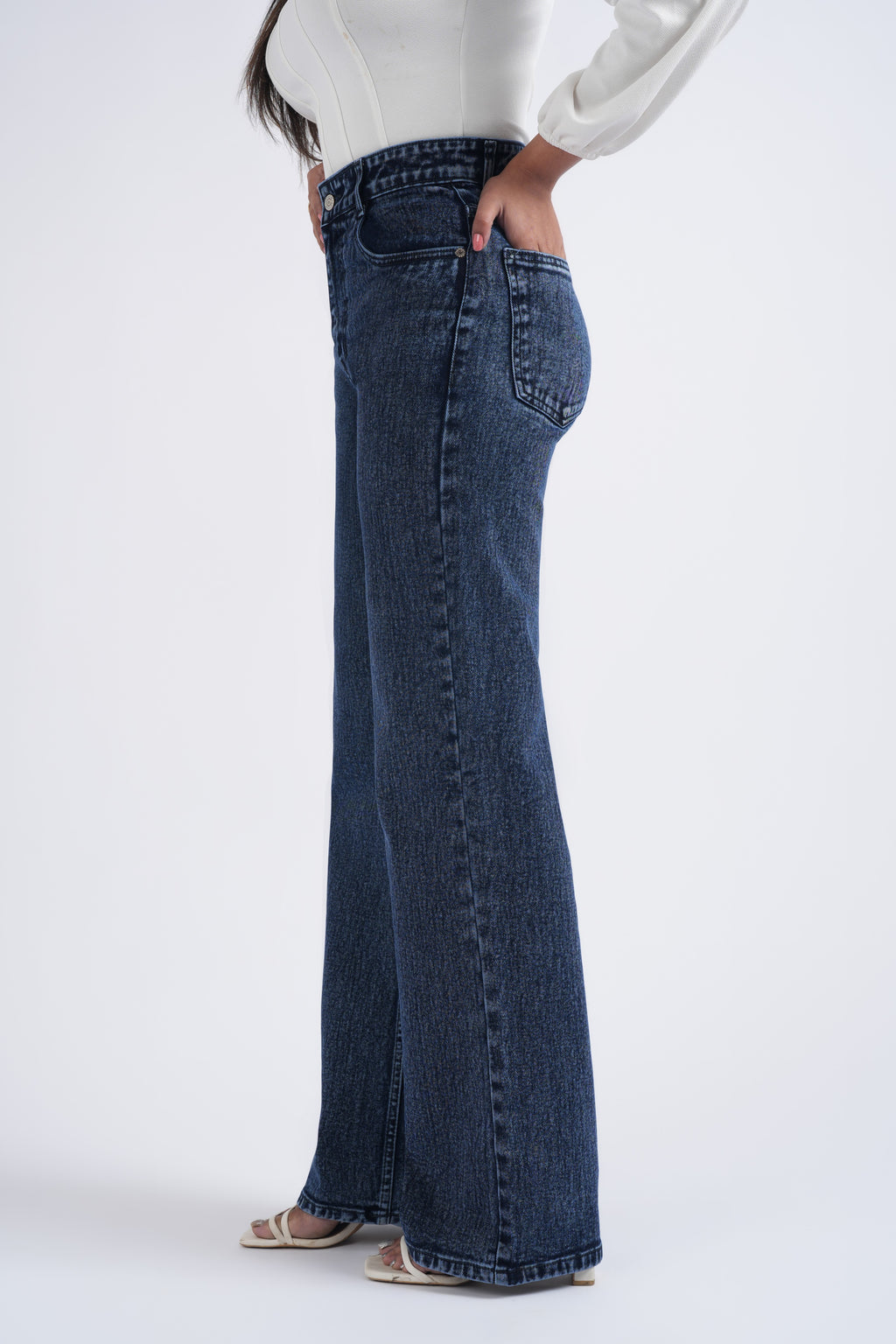 Women Blue Ball Wash High Waist Wide Leg Jeans