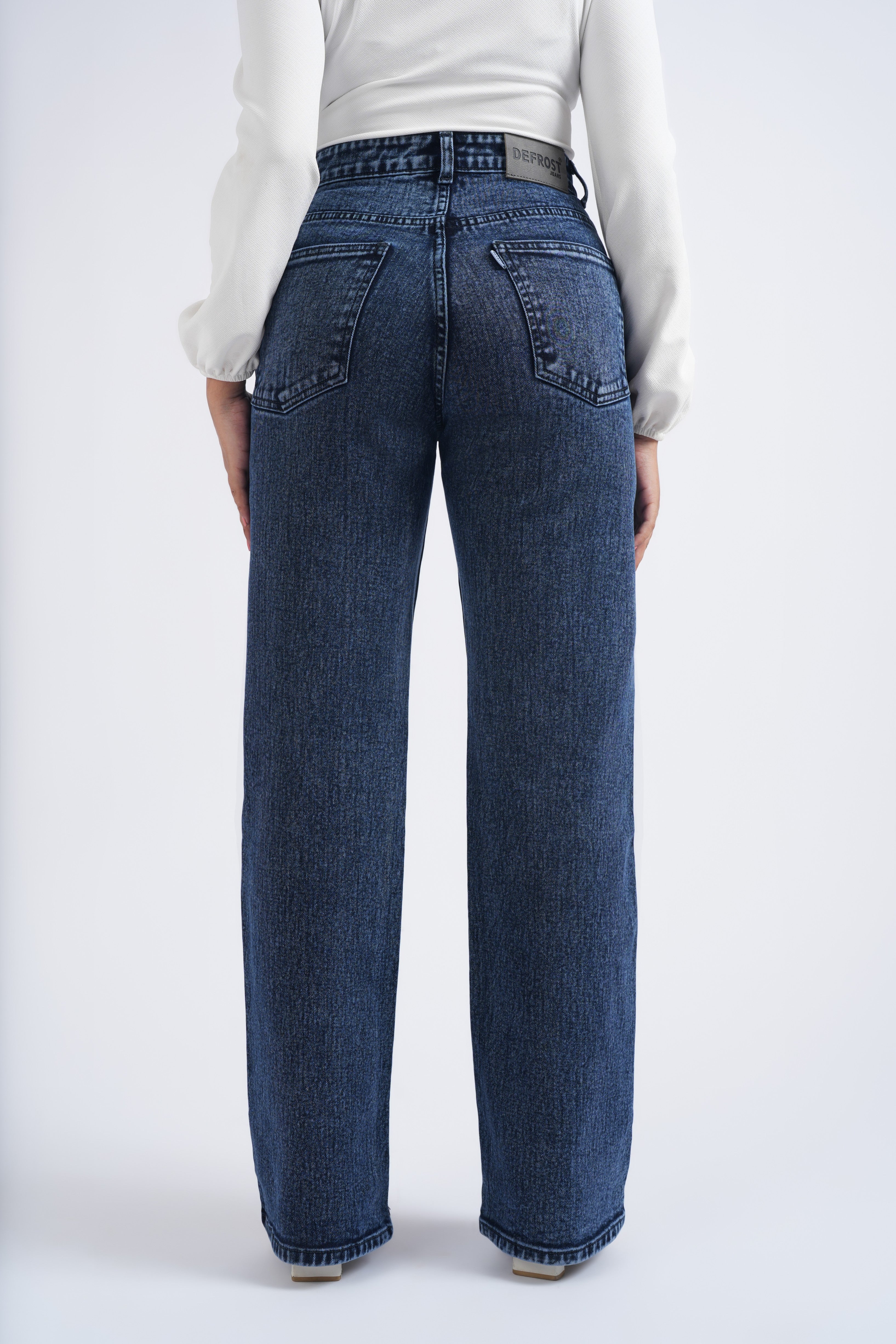 Women Blue Ball Wash High Waist Wide Leg Jeans