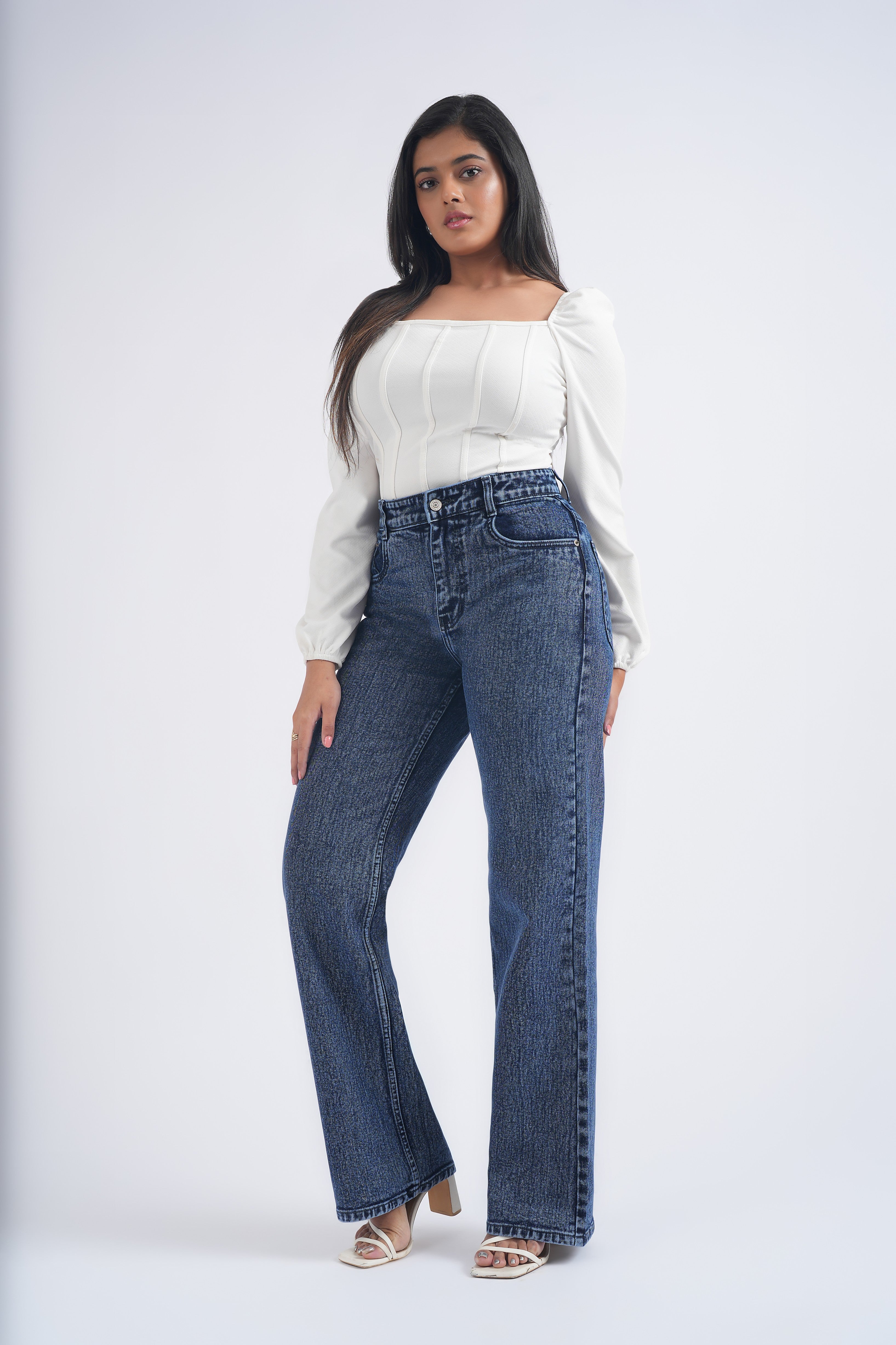 Women Blue Ball Wash High Waist Wide Leg Jeans
