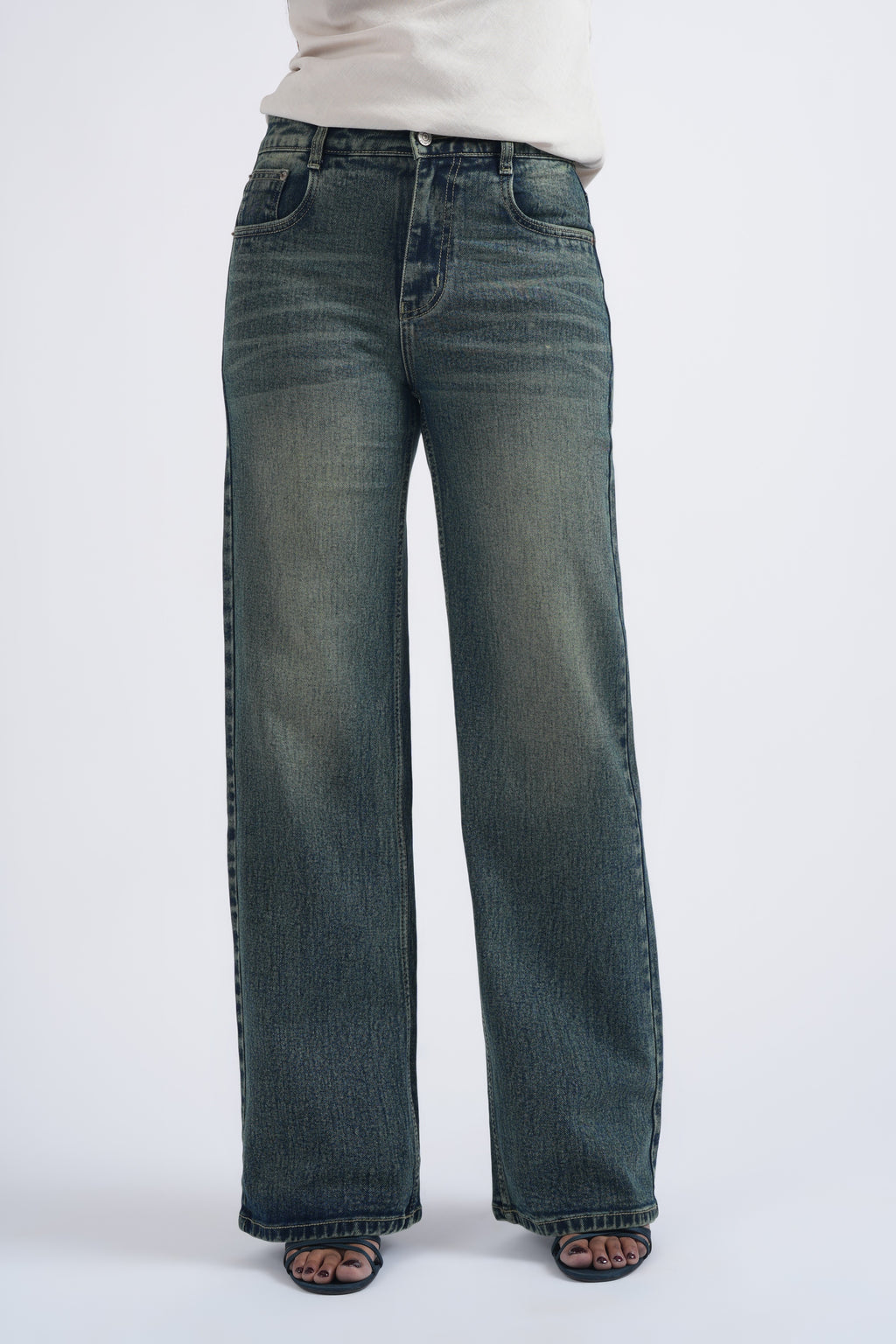 Women Vintage Ball Wash Whisker Spray High Waist Wide Leg Jeans