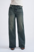 Women Vintage Ball Wash Whisker Spray High Waist Wide Leg Jeans