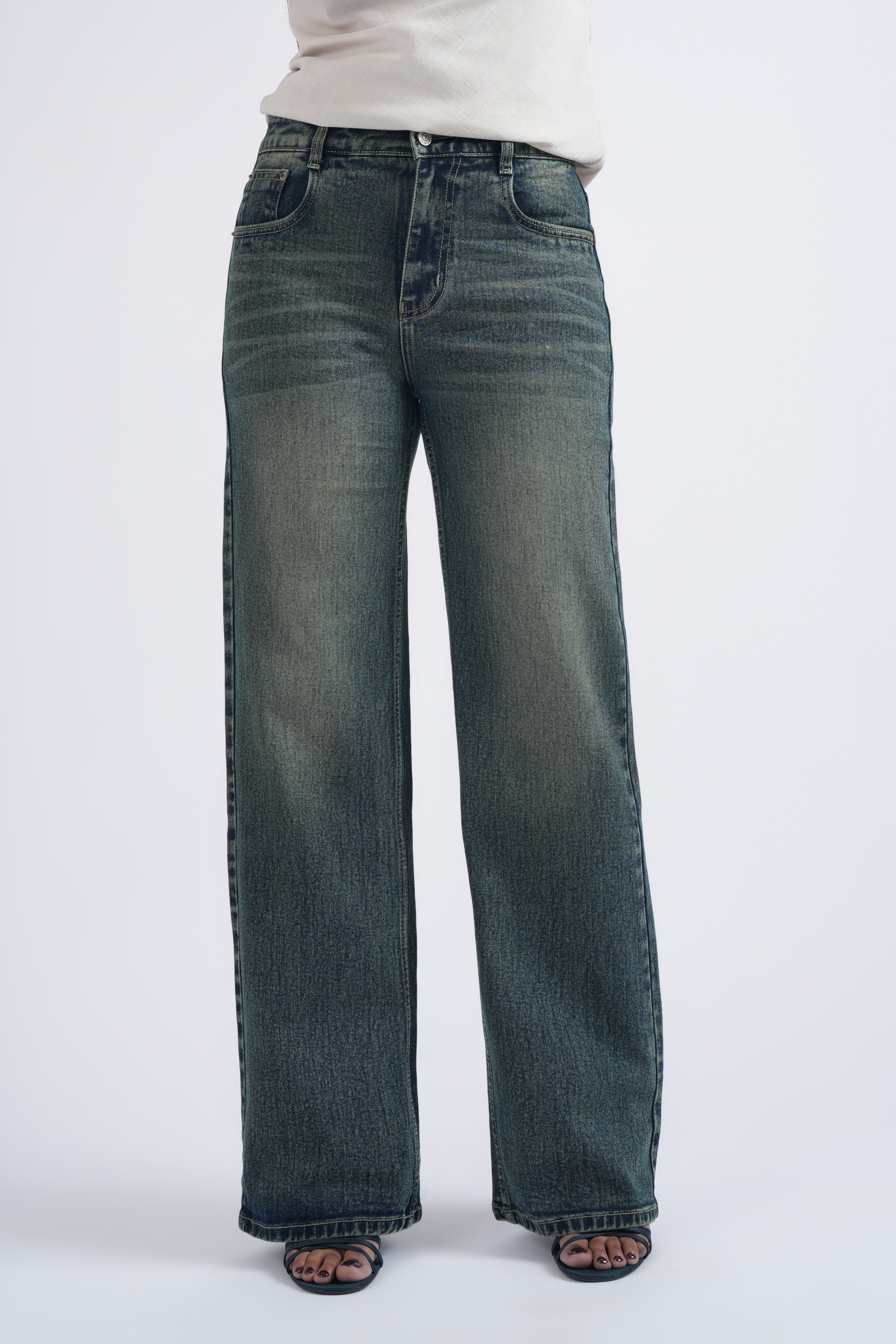 Women Vintage Ball Wash Whisker Spray High Waist Wide Leg Jeans