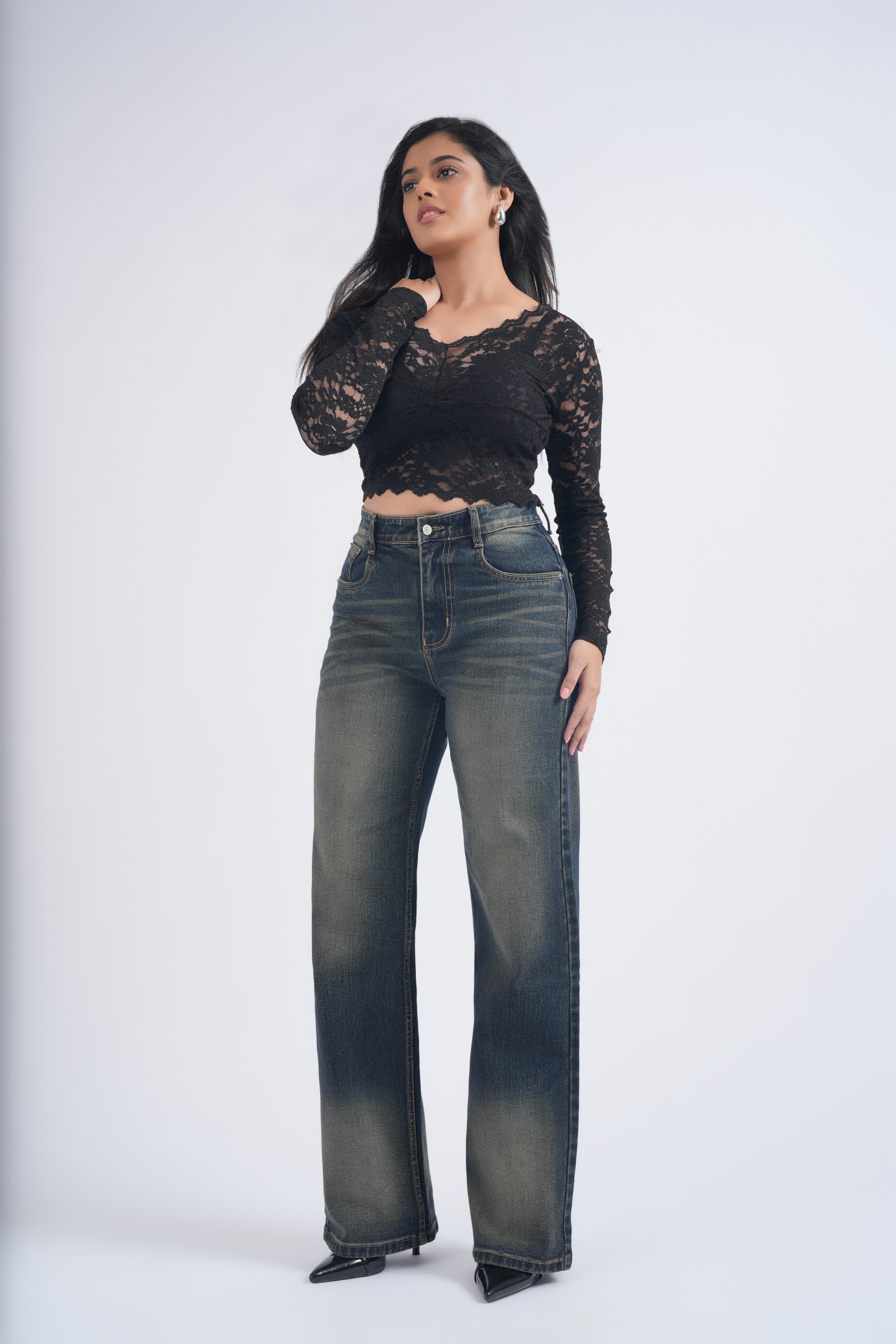 Women Blue Brown Washed High Waist Wide Leg Jeans