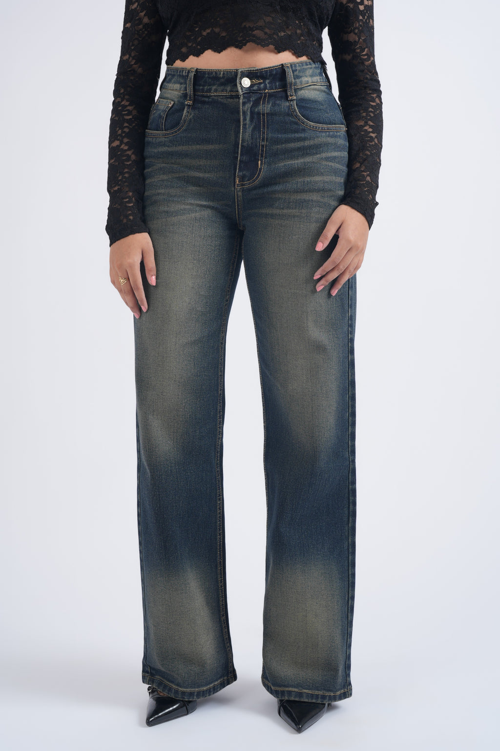 Women Blue Brown Washed High Waist Wide Leg Jeans