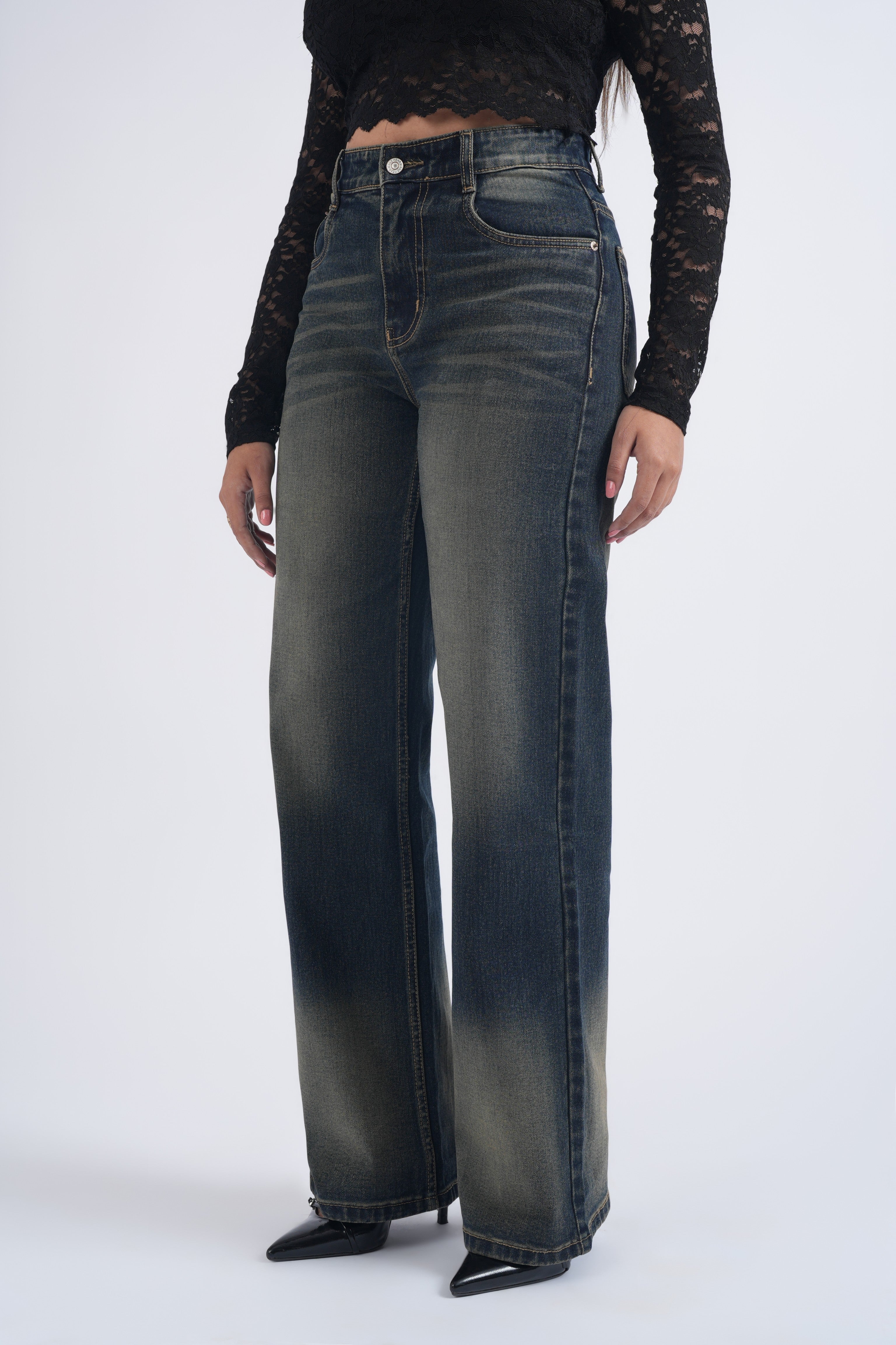Women Blue Brown Washed High Waist Wide Leg Jeans