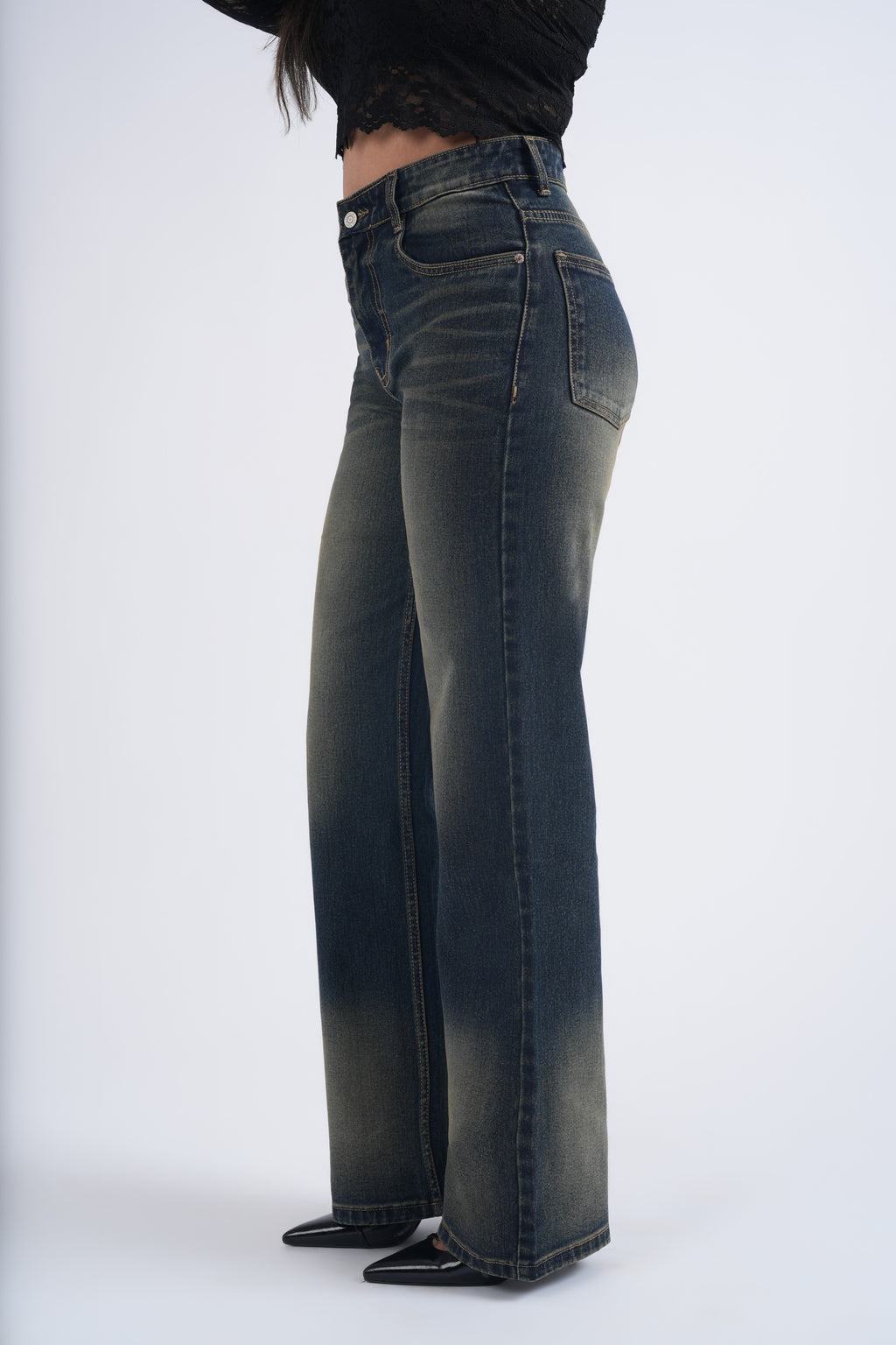 Women Blue Brown Washed High Waist Wide Leg Jeans