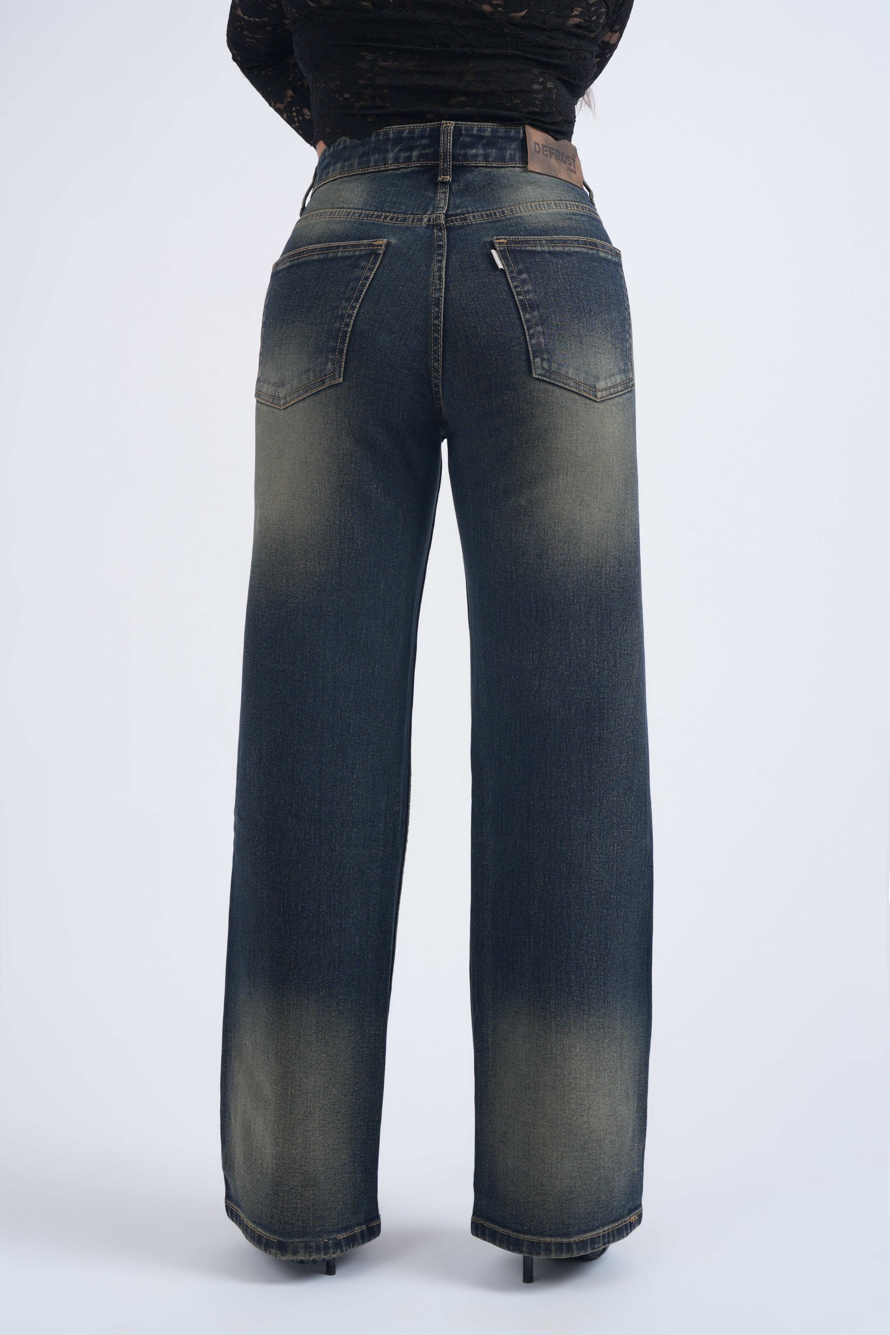 Women Blue Brown Washed High Waist Wide Leg Jeans