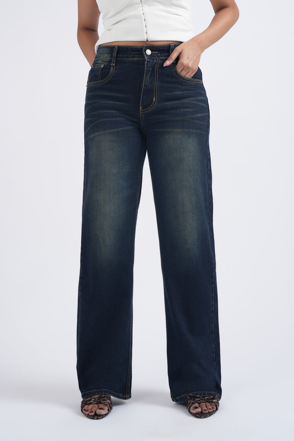 Women Dark Green Blue Washed High Waist Wide Leg Jeans