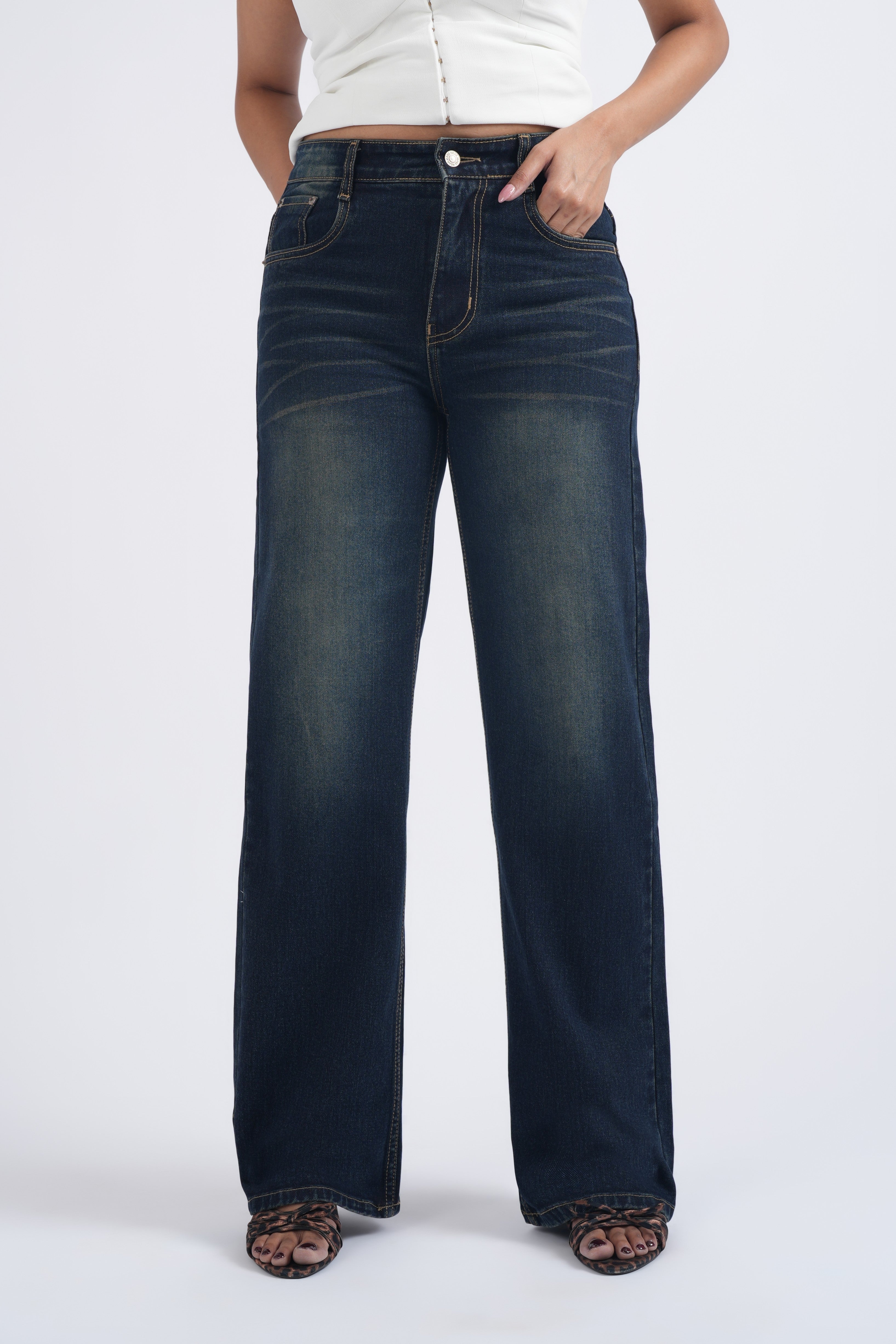 Women Dark Green Blue Washed High Waist Wide Leg Jeans