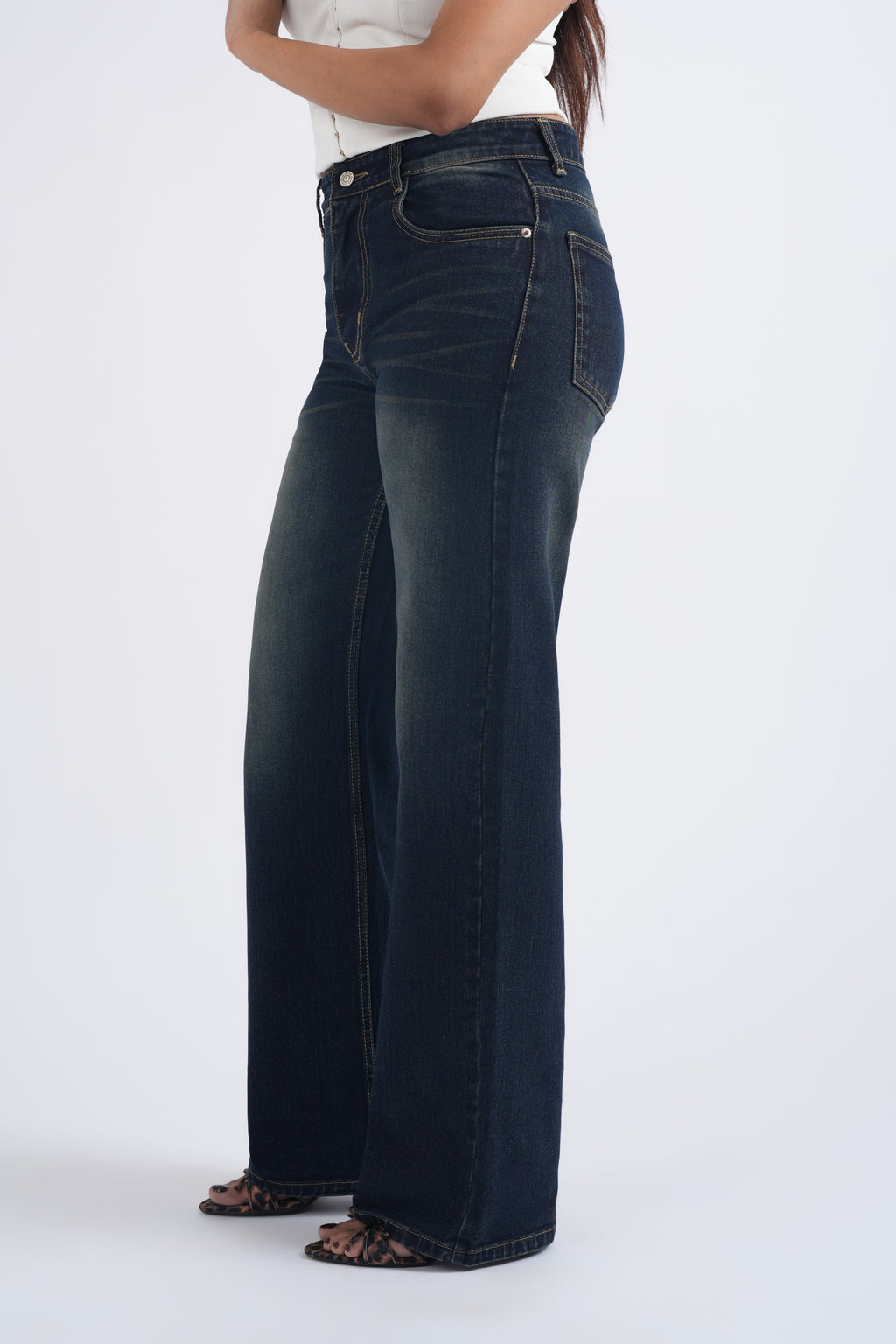 Women Dark Green Blue Washed High Waist Wide Leg Jeans