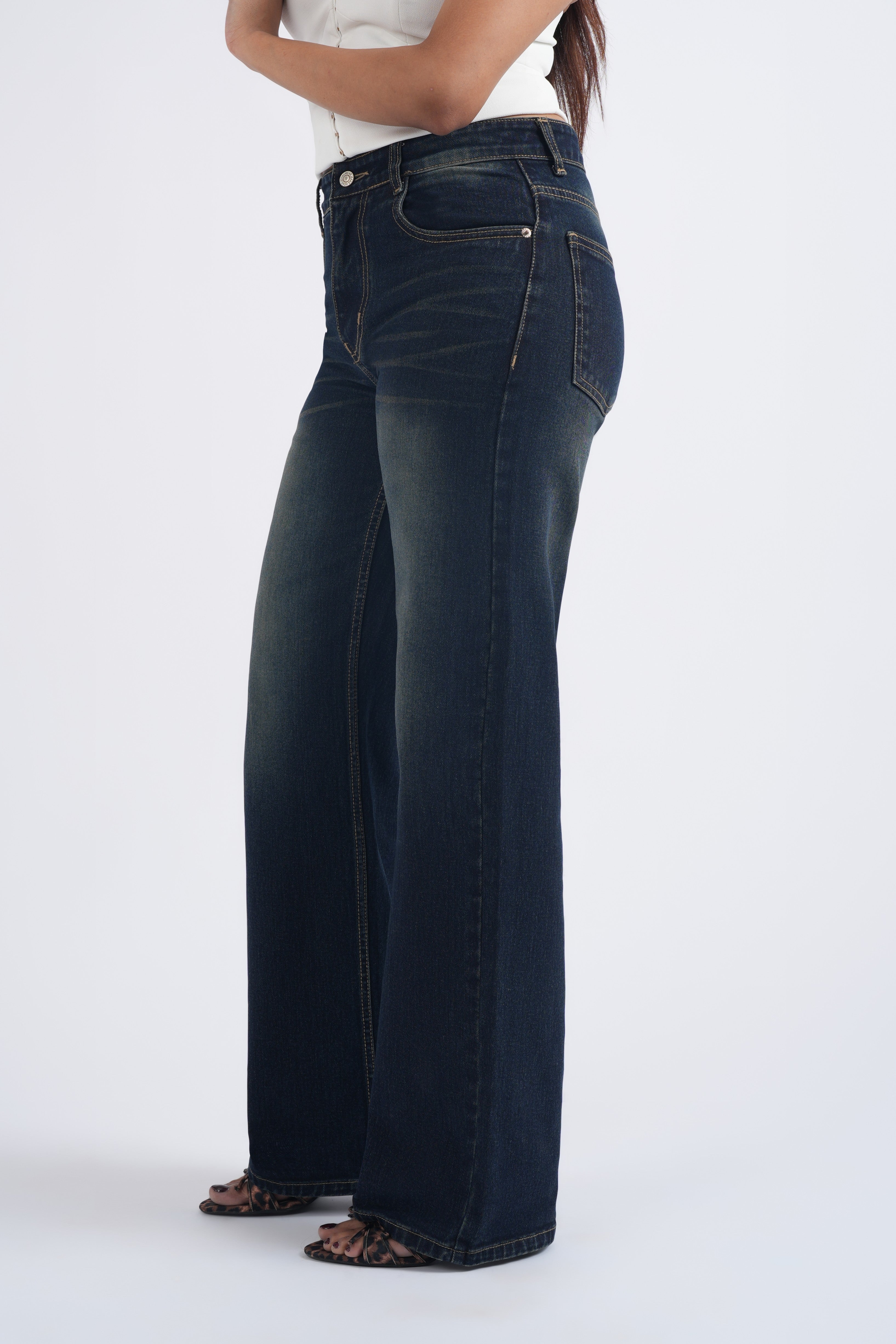 Women Dark Green Blue Washed High Waist Wide Leg Jeans