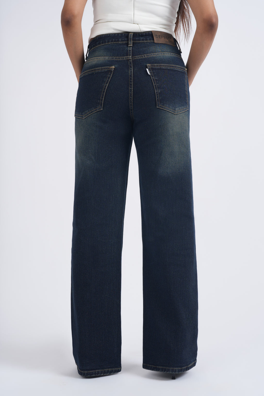 Women Dark Green Blue Washed High Waist Wide Leg Jeans