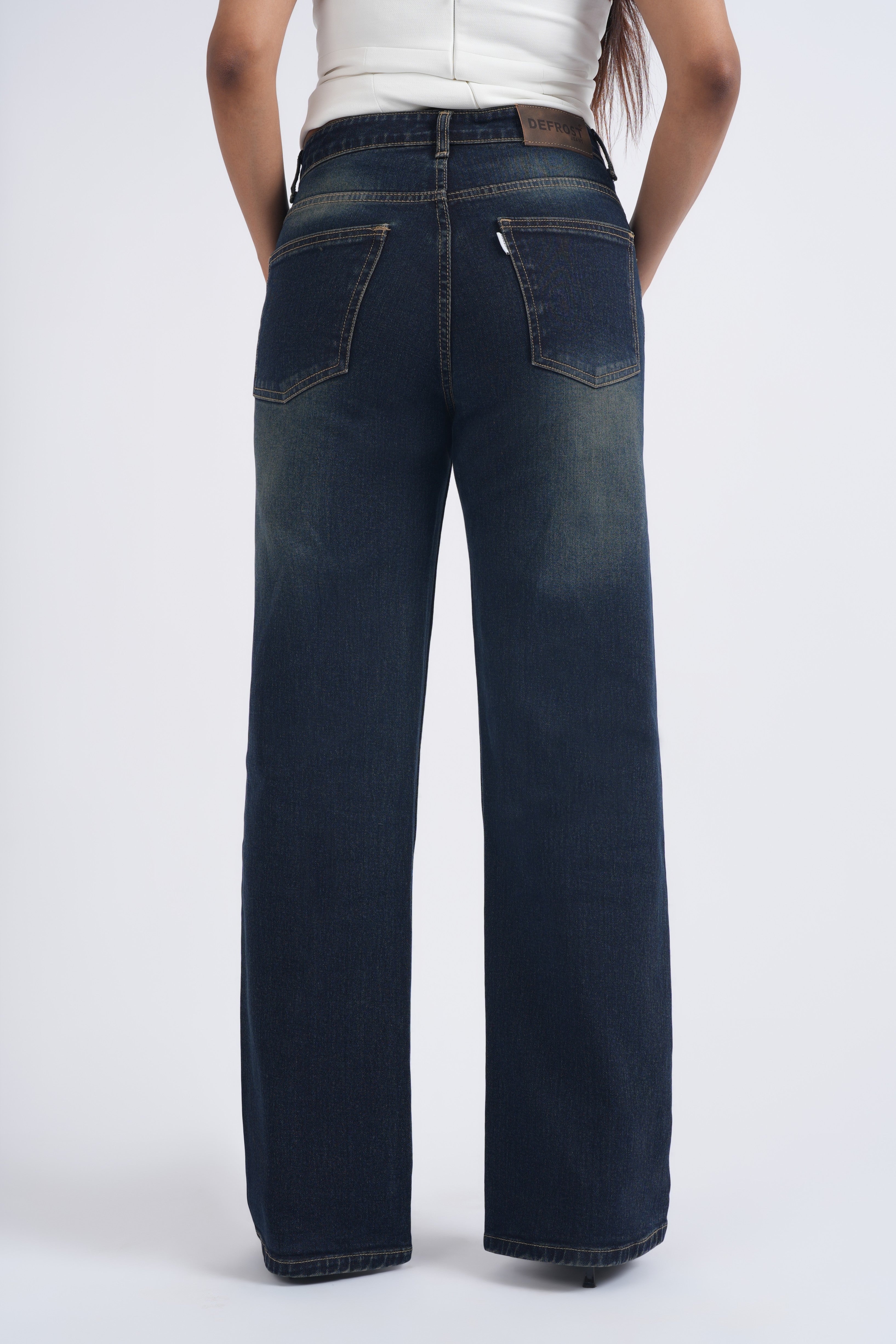 Women Dark Green Blue Washed High Waist Wide Leg Jeans