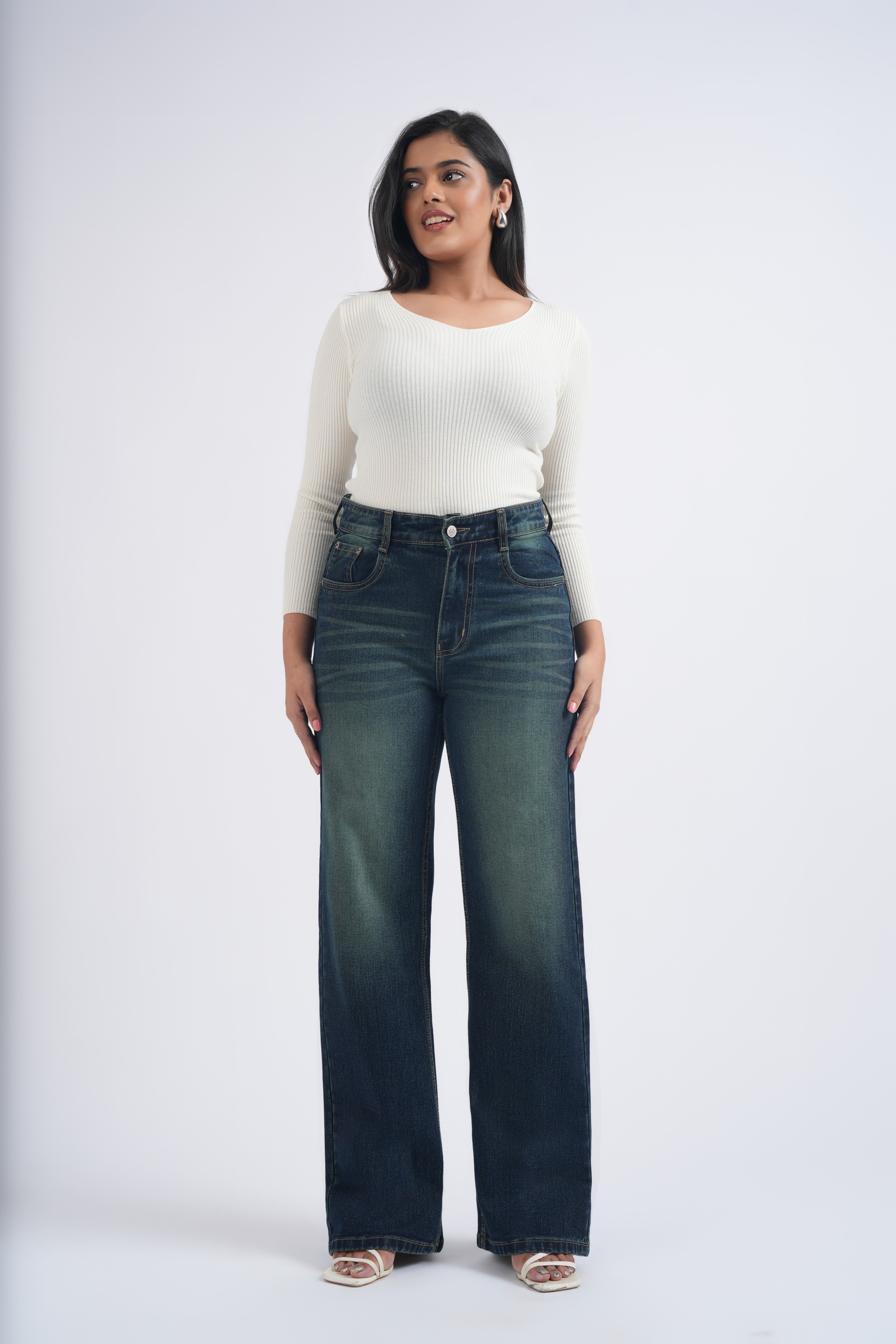 Women Green Washed Blue High Waist Wide Leg Jeans