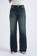Women Green Washed Blue High Waist Wide Leg Jeans