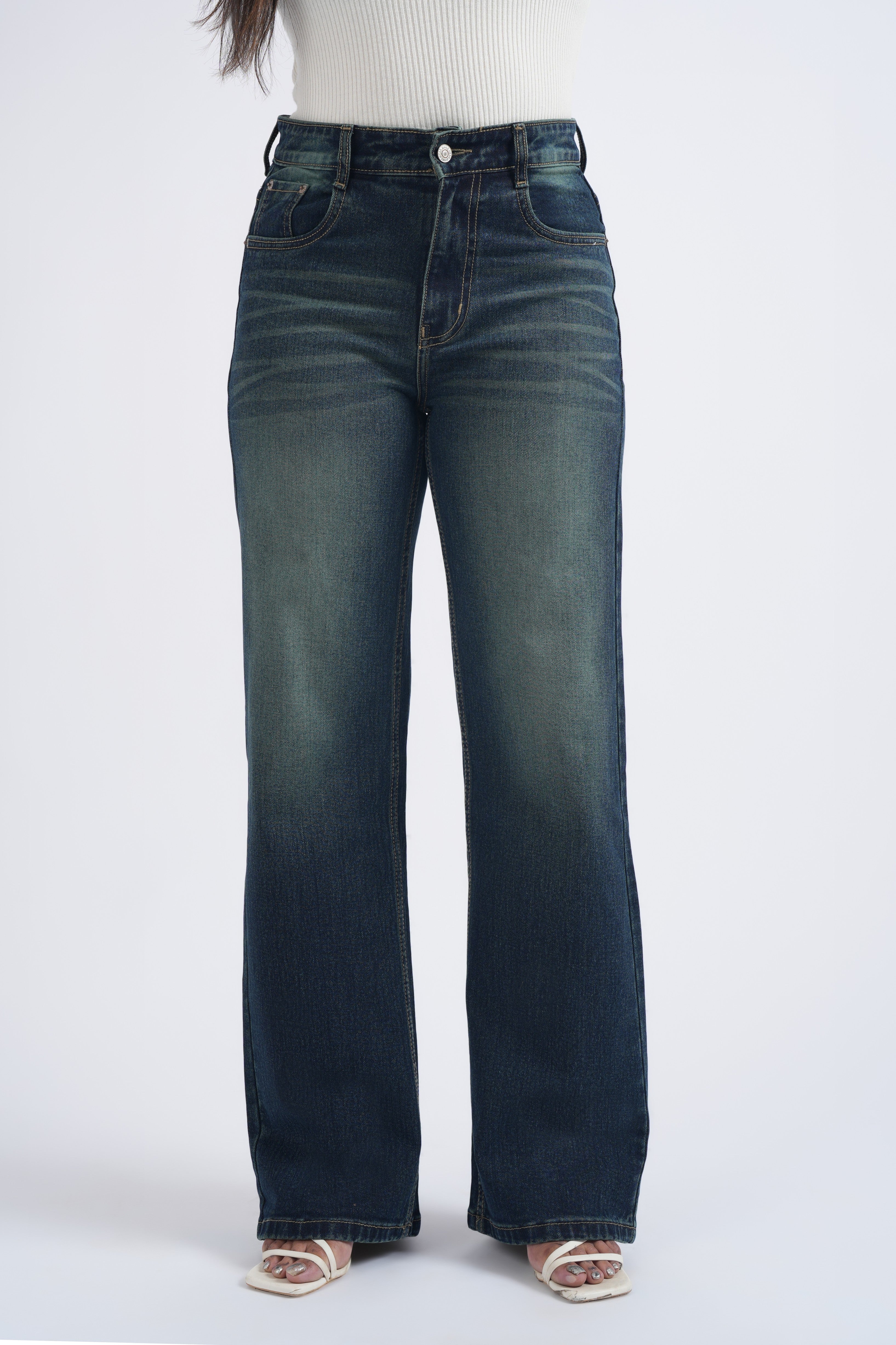 Women Green Washed Blue High Waist Wide Leg Jeans