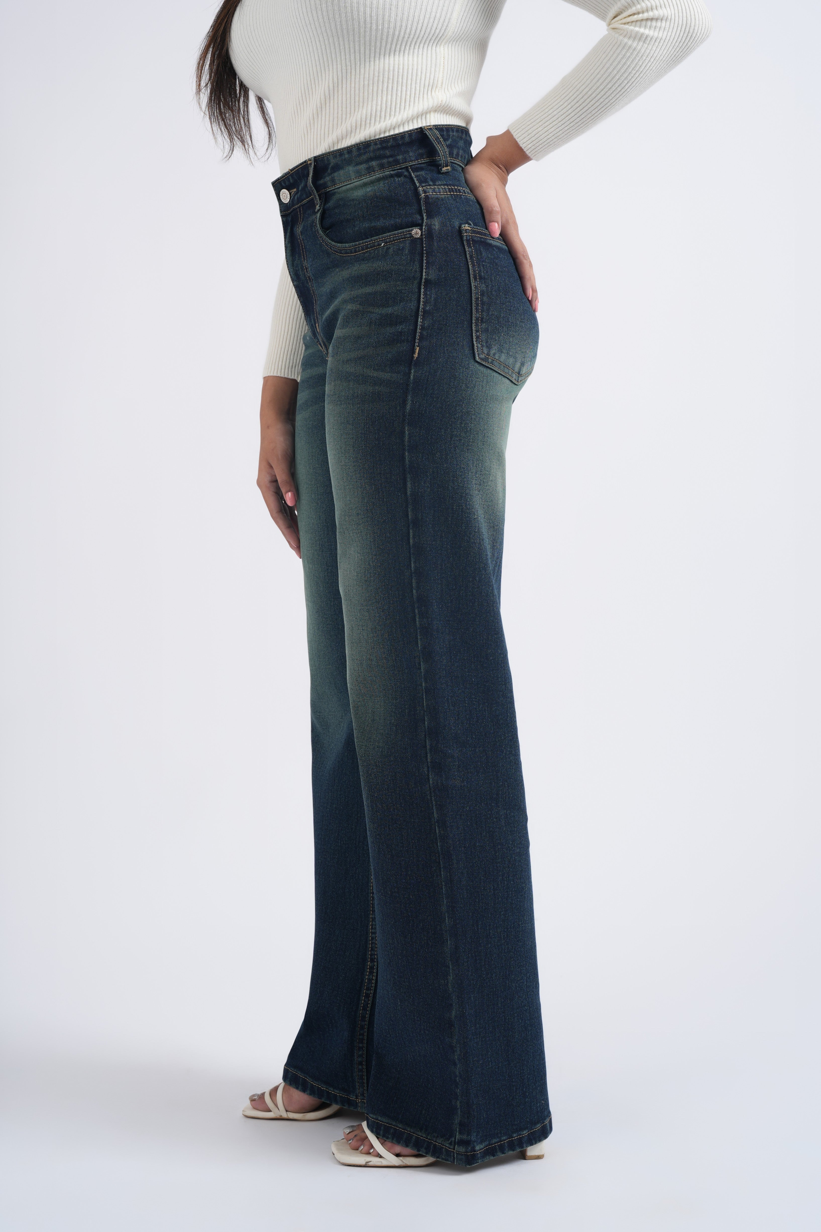 Women Green Washed Blue High Waist Wide Leg Jeans