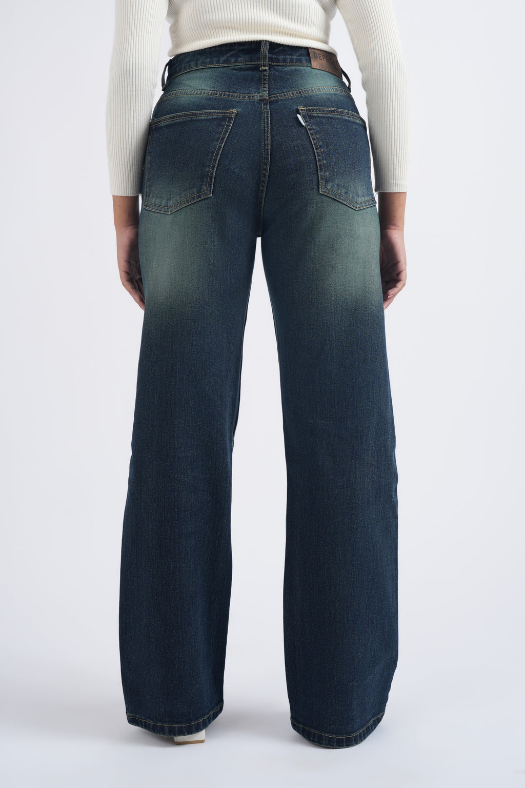 Women Green Washed Blue High Waist Wide Leg Jeans