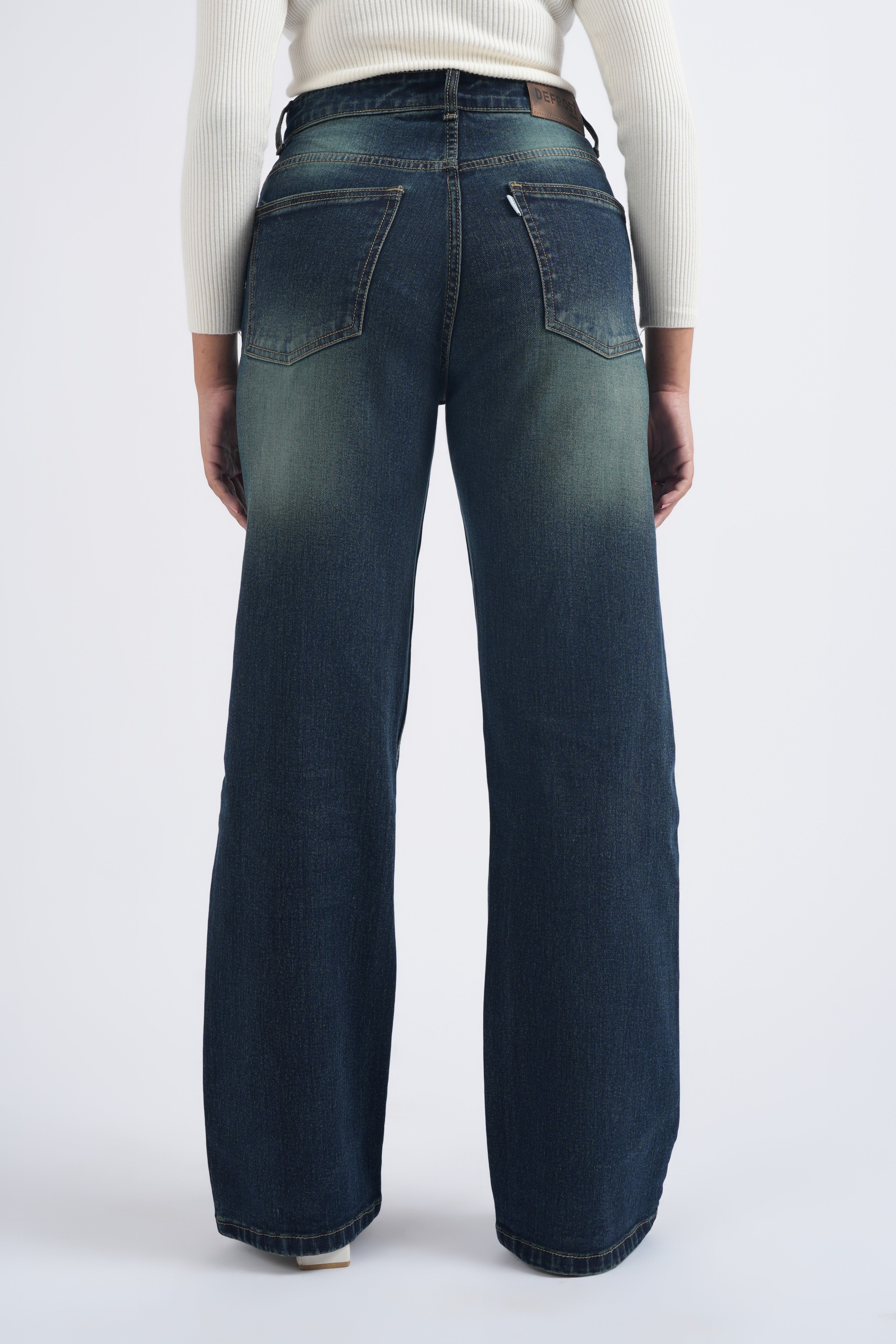 Women Green Washed Blue High Waist Wide Leg Jeans