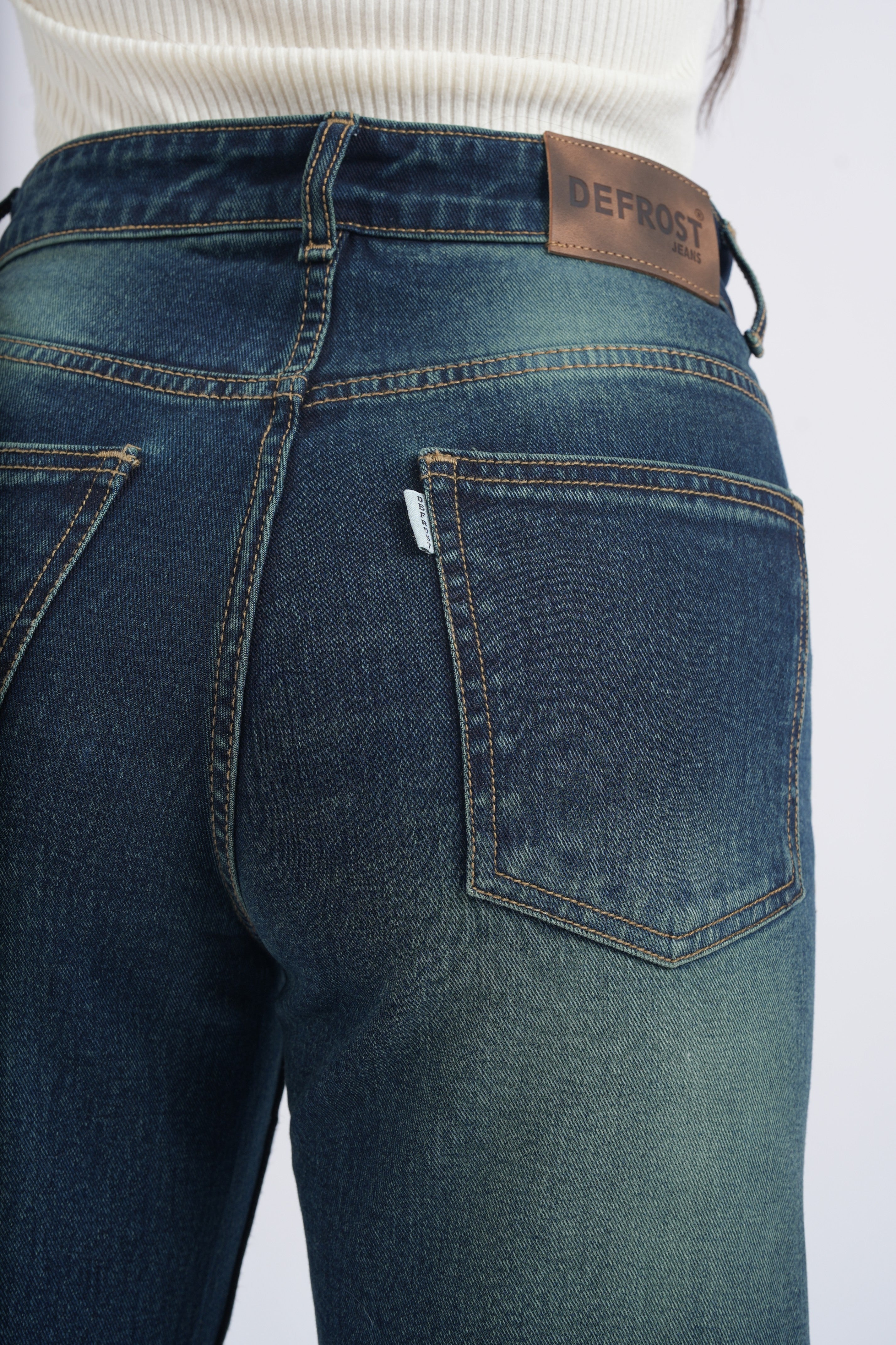 Women Green Washed Blue High Waist Wide Leg Jeans