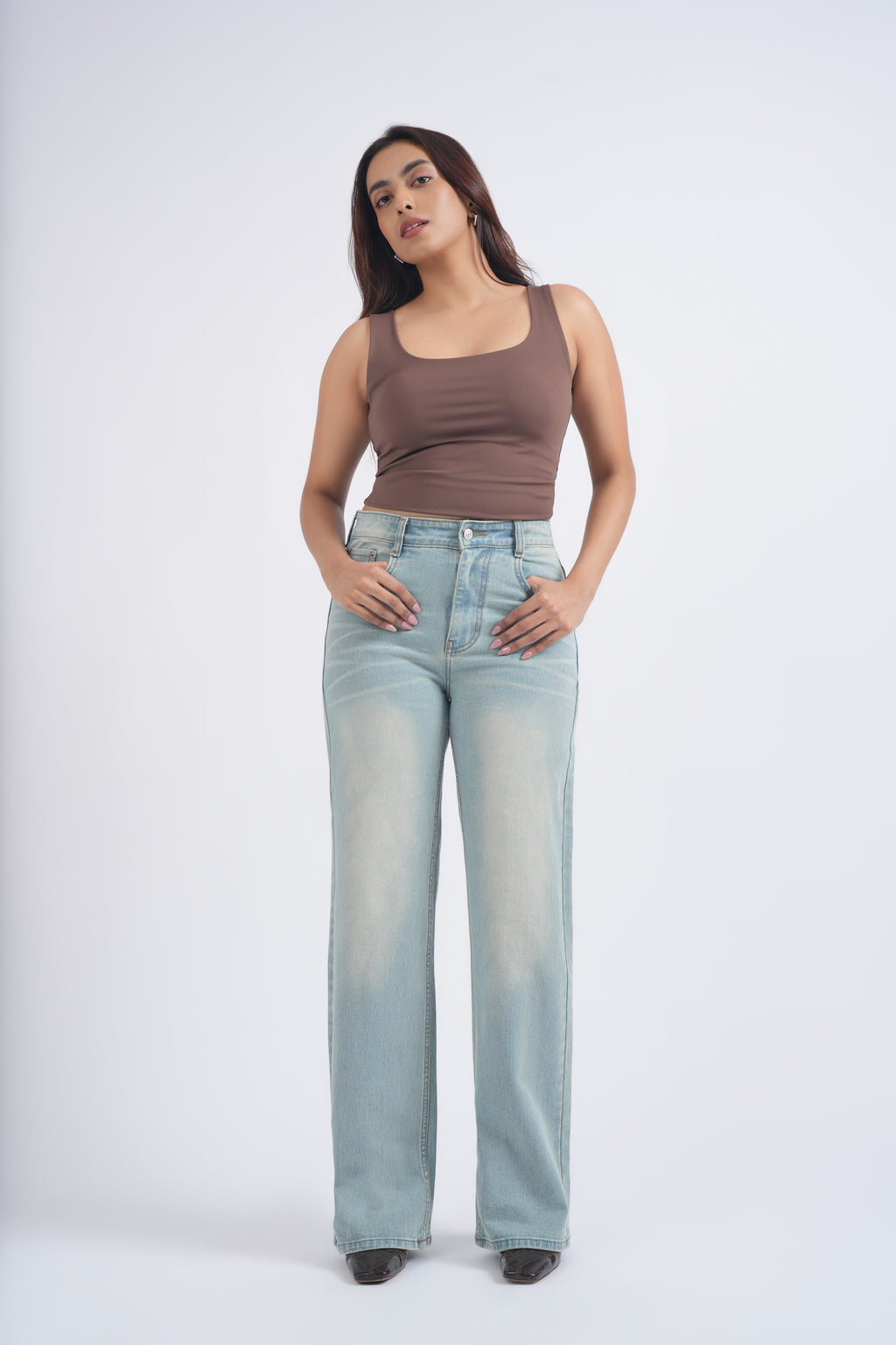 Women Light Blue Yellow Washed High Waist Wide Leg Jeans