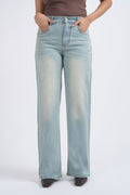 Women Light Blue Yellow Washed High Waist Wide Leg Jeans