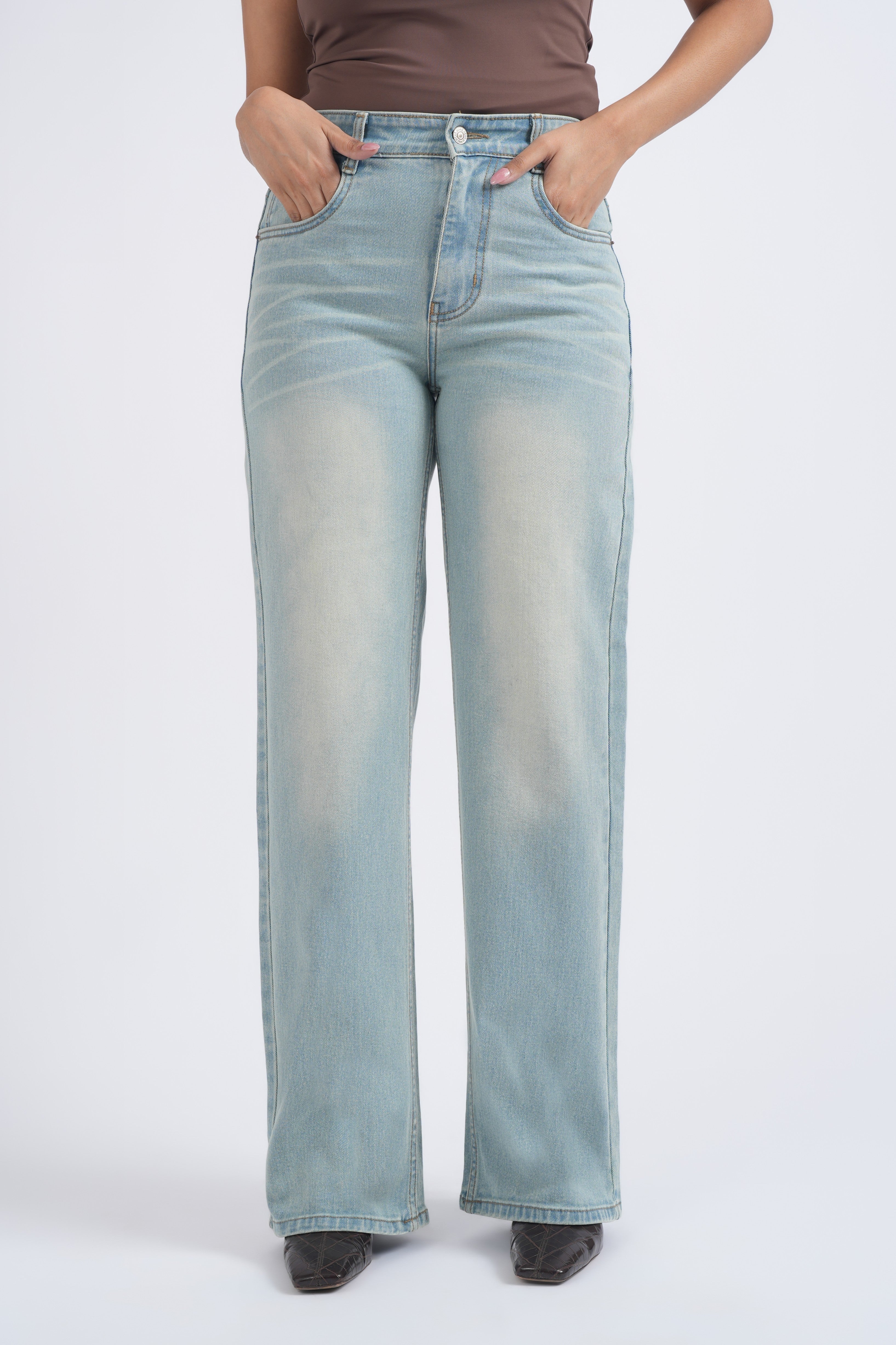 Women Light Blue Yellow Washed High Waist Wide Leg Jeans
