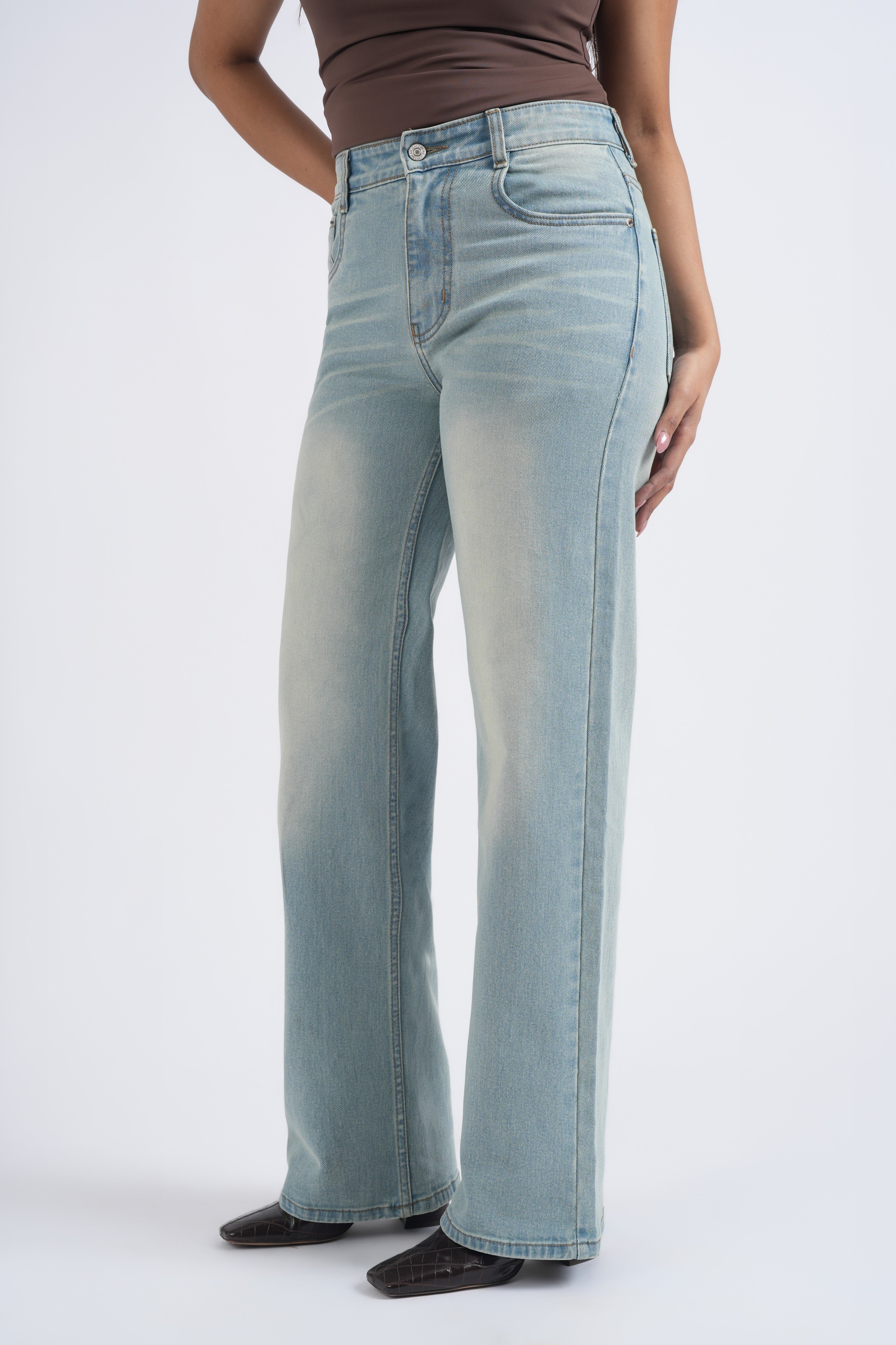 Women Light Blue Yellow Washed High Waist Wide Leg Jeans