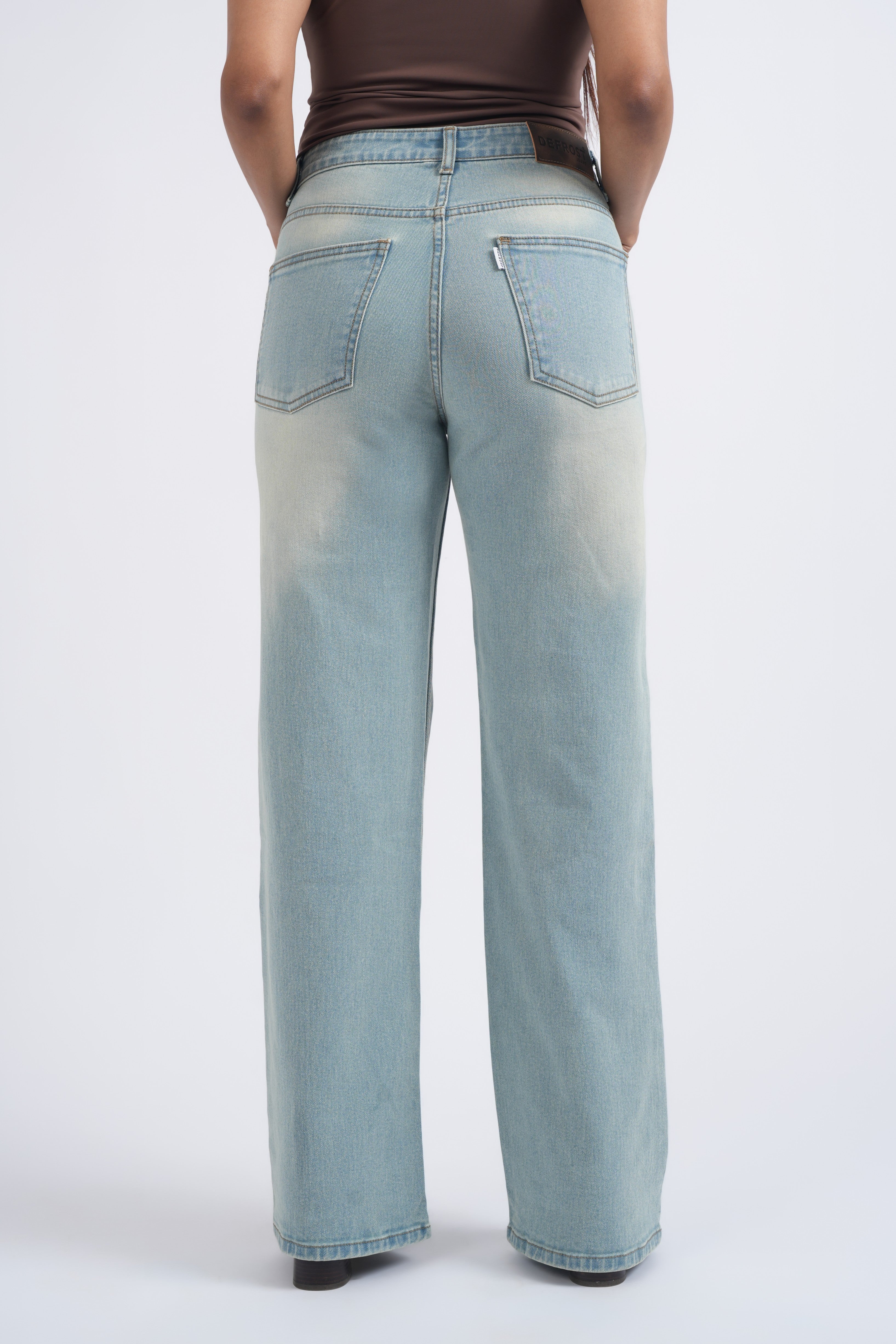 Women Light Blue Yellow Washed High Waist Wide Leg Jeans
