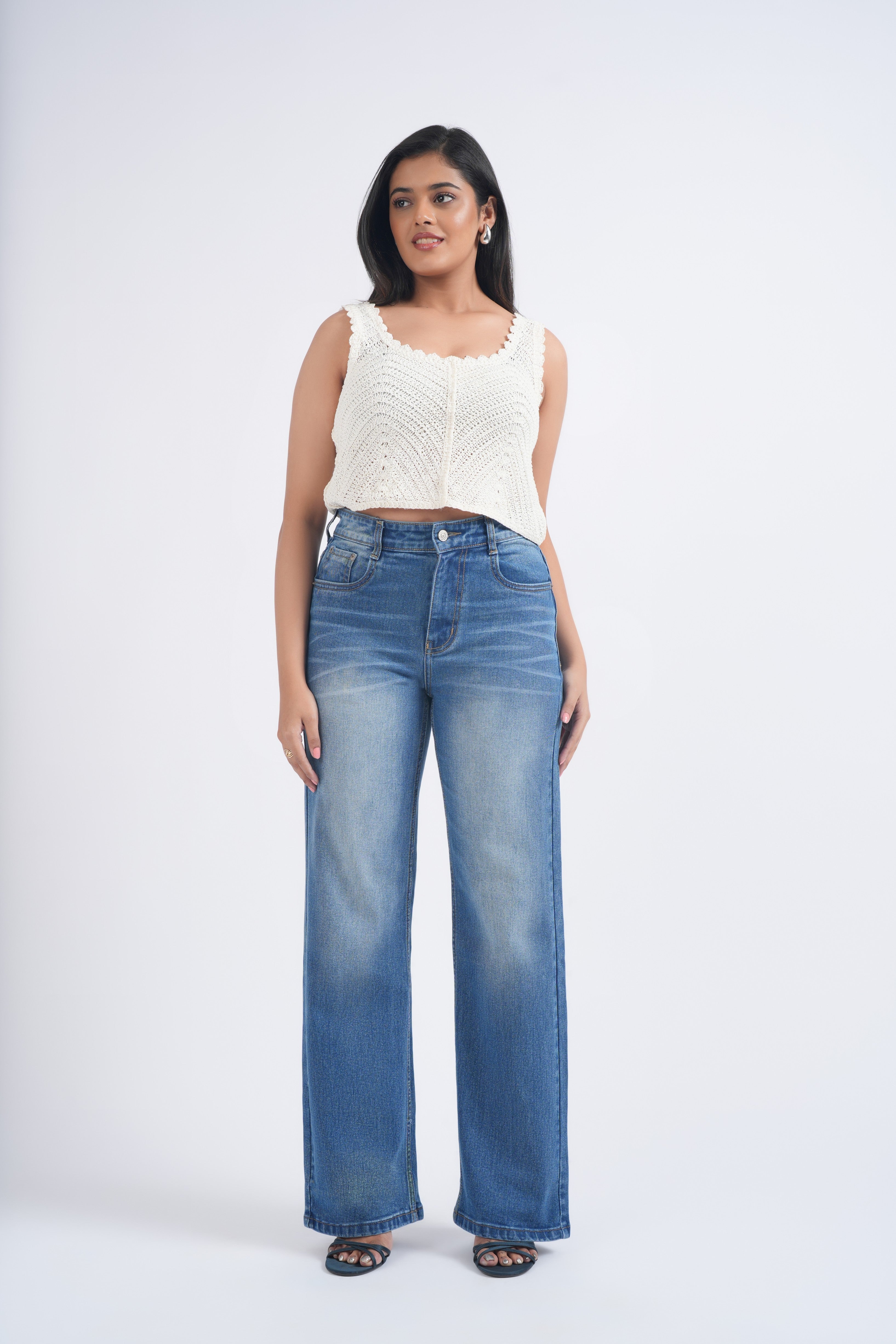 Women Blue Whisker Washed High Waist Wide Leg Jeans