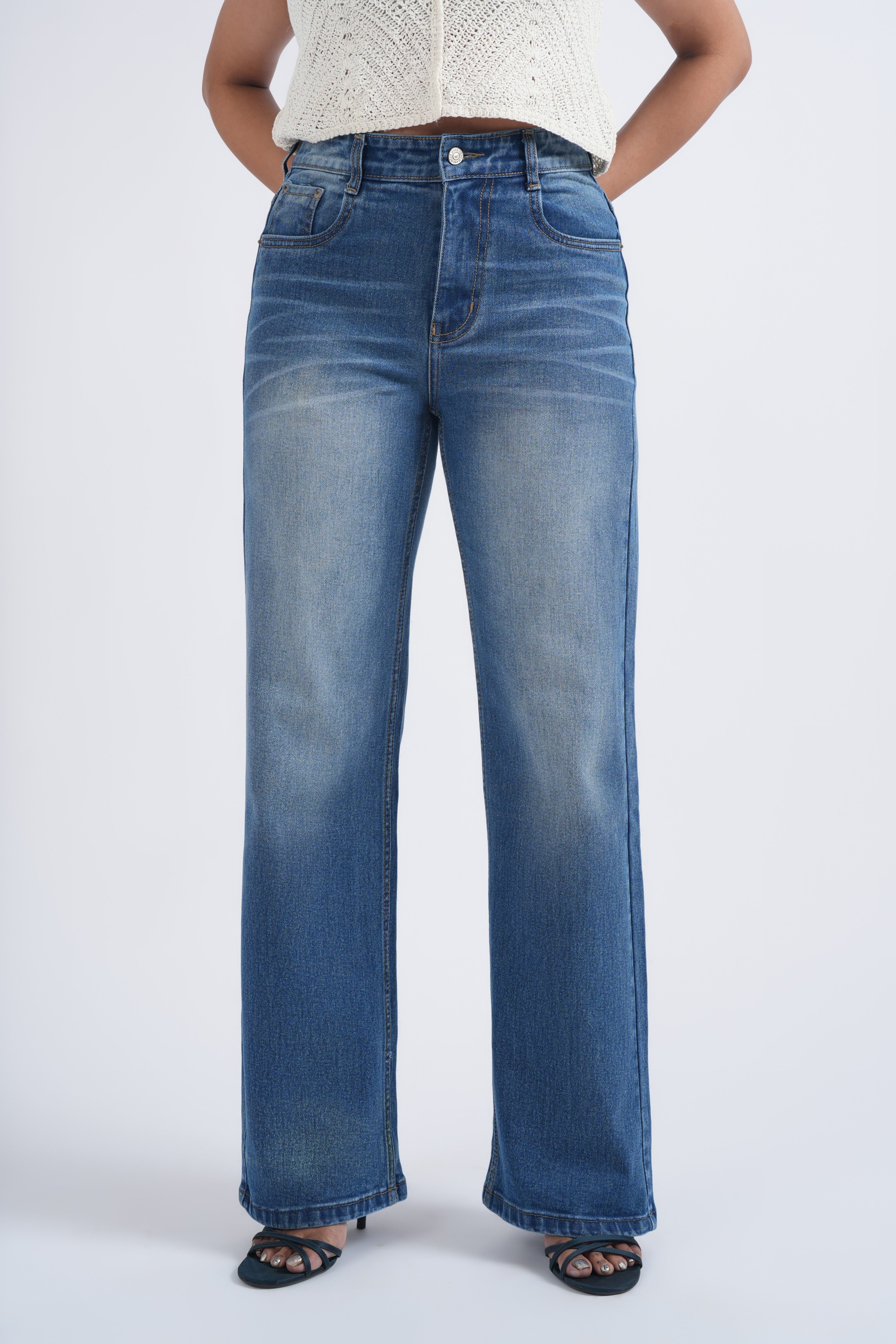 Women Blue Whisker Washed High Waist Wide Leg Jeans