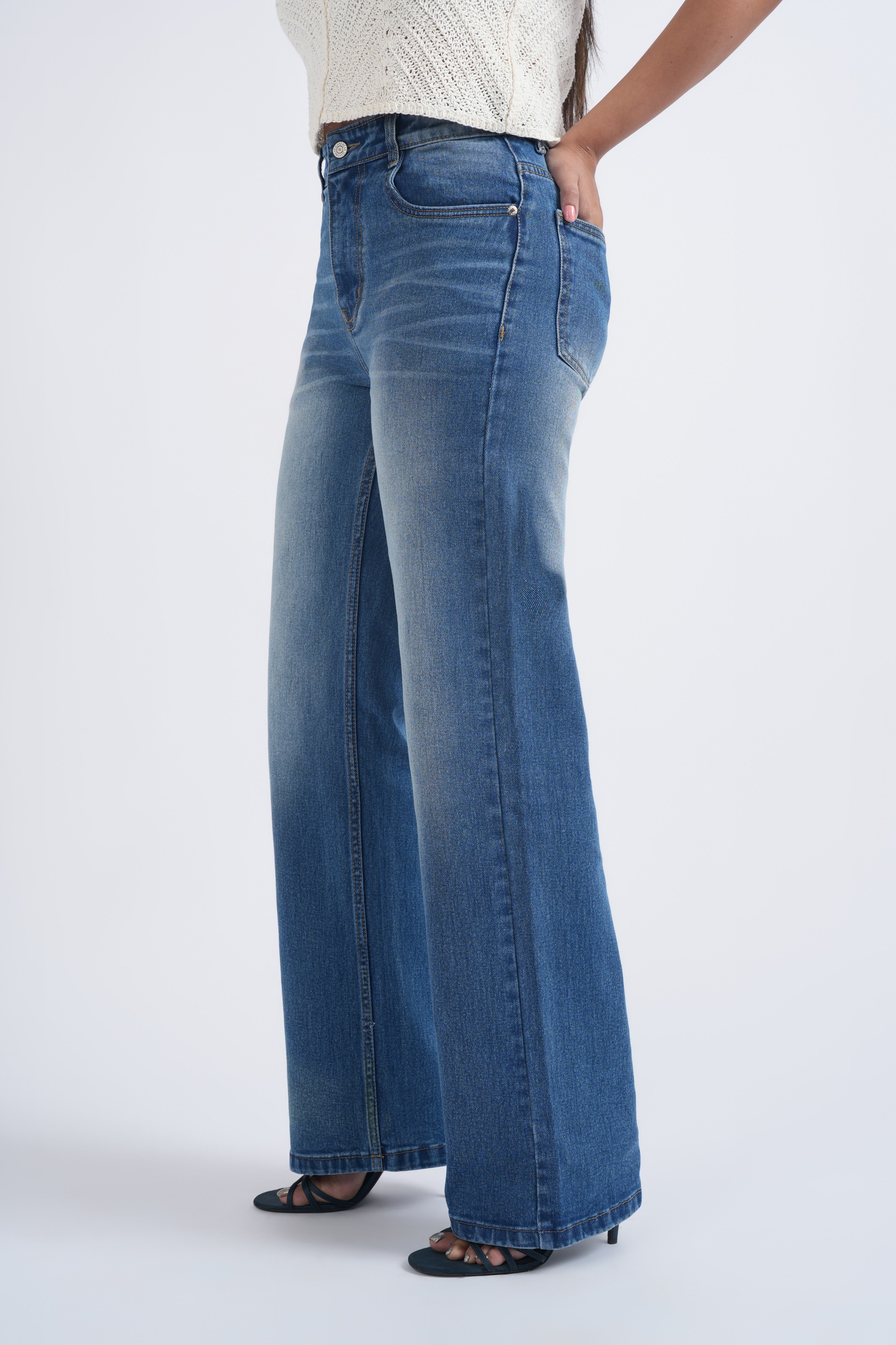 Women Blue Whisker Washed High Waist Wide Leg Jeans