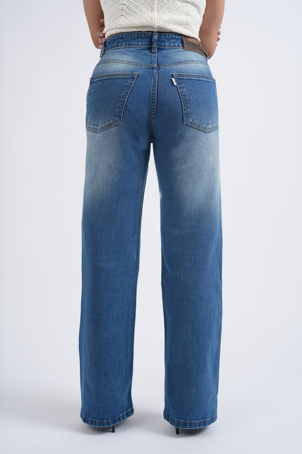 Women Blue Whisker Washed High Waist Wide Leg Jeans