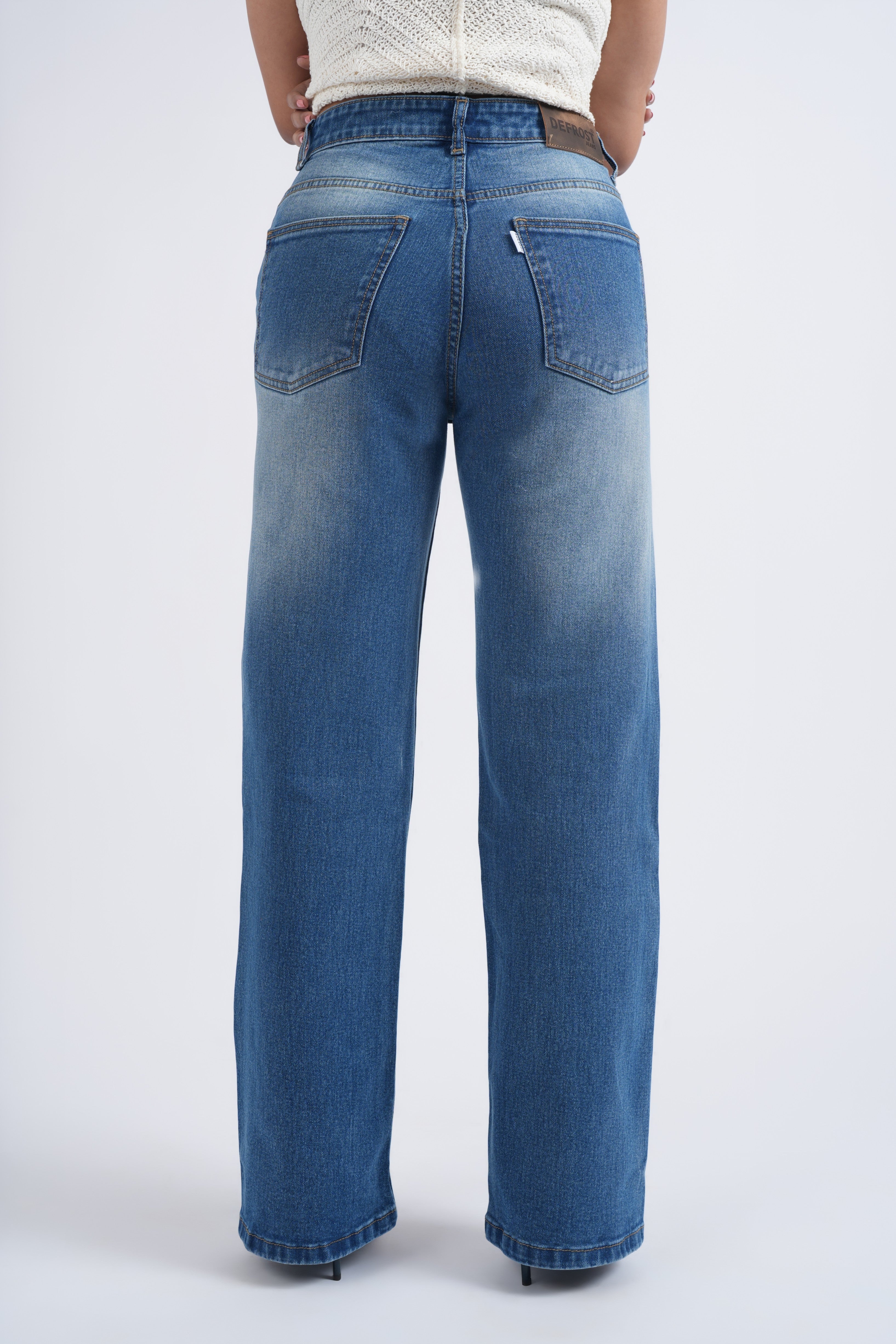 Women Blue Whisker Washed High Waist Wide Leg Jeans