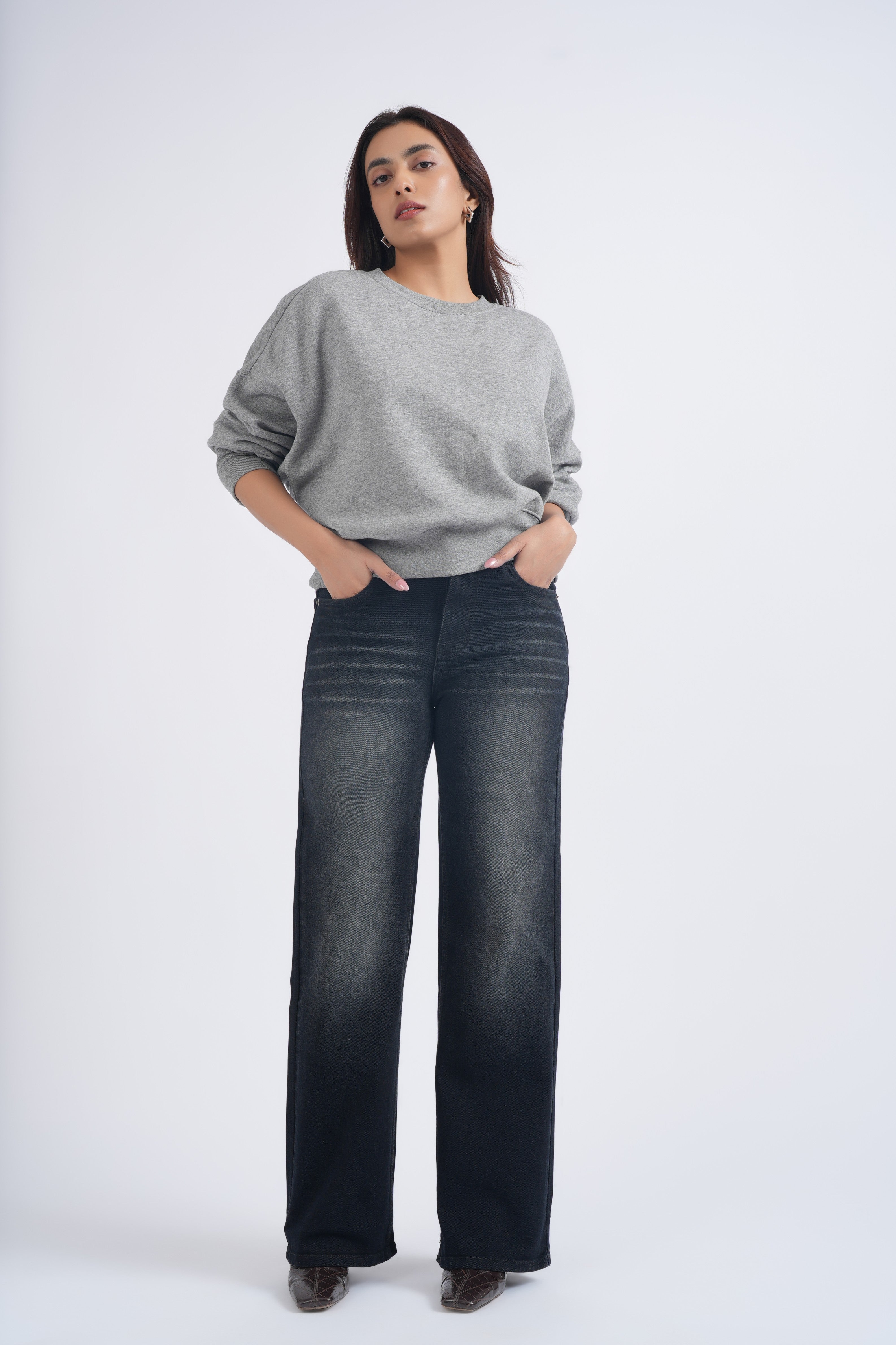 Women Black Washed Wide Leg High Waist Jeans