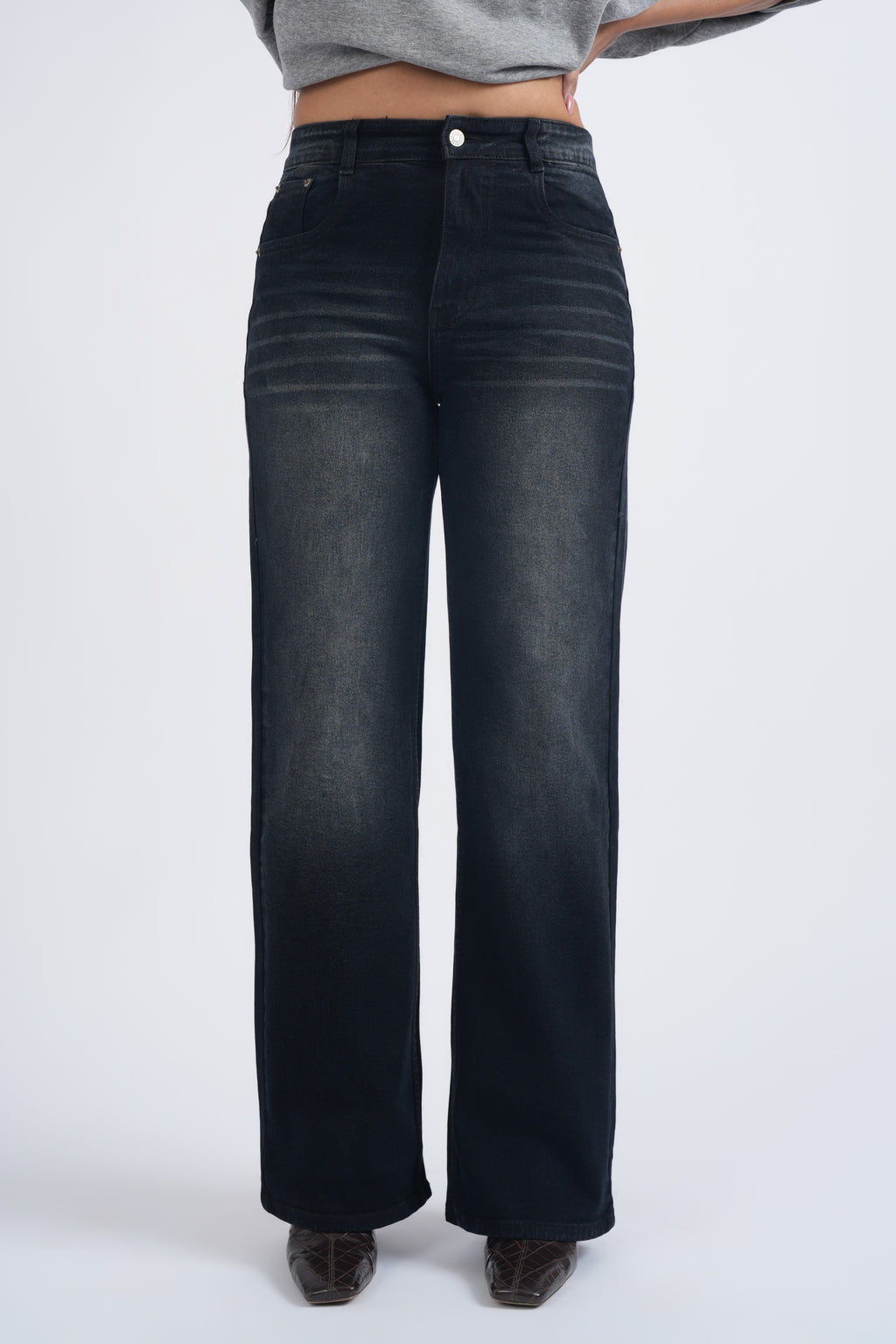 Women Black Washed Wide Leg High Waist Jeans