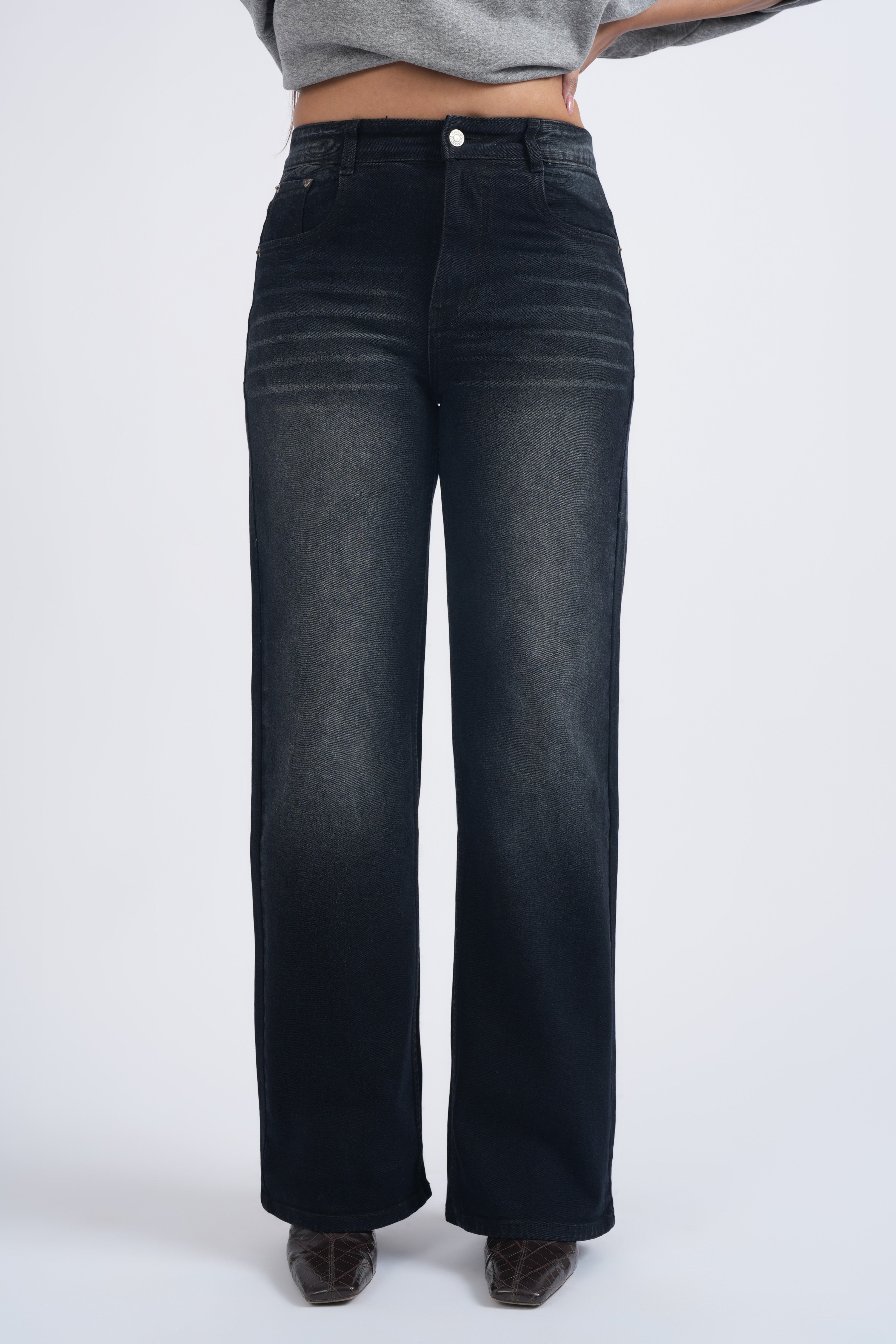 Women Black Washed Wide Leg High Waist Jeans