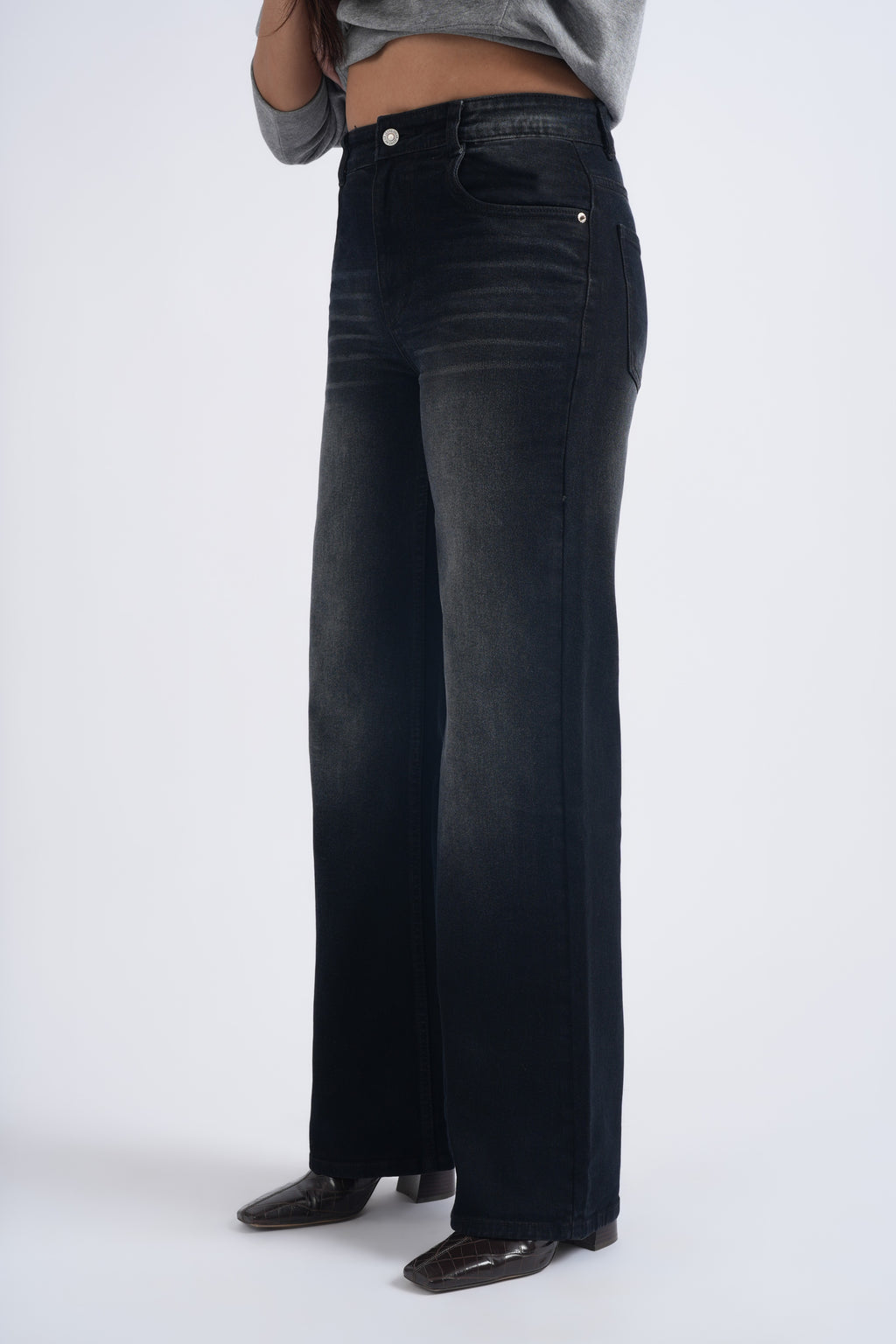 Women Black Washed Wide Leg High Waist Jeans