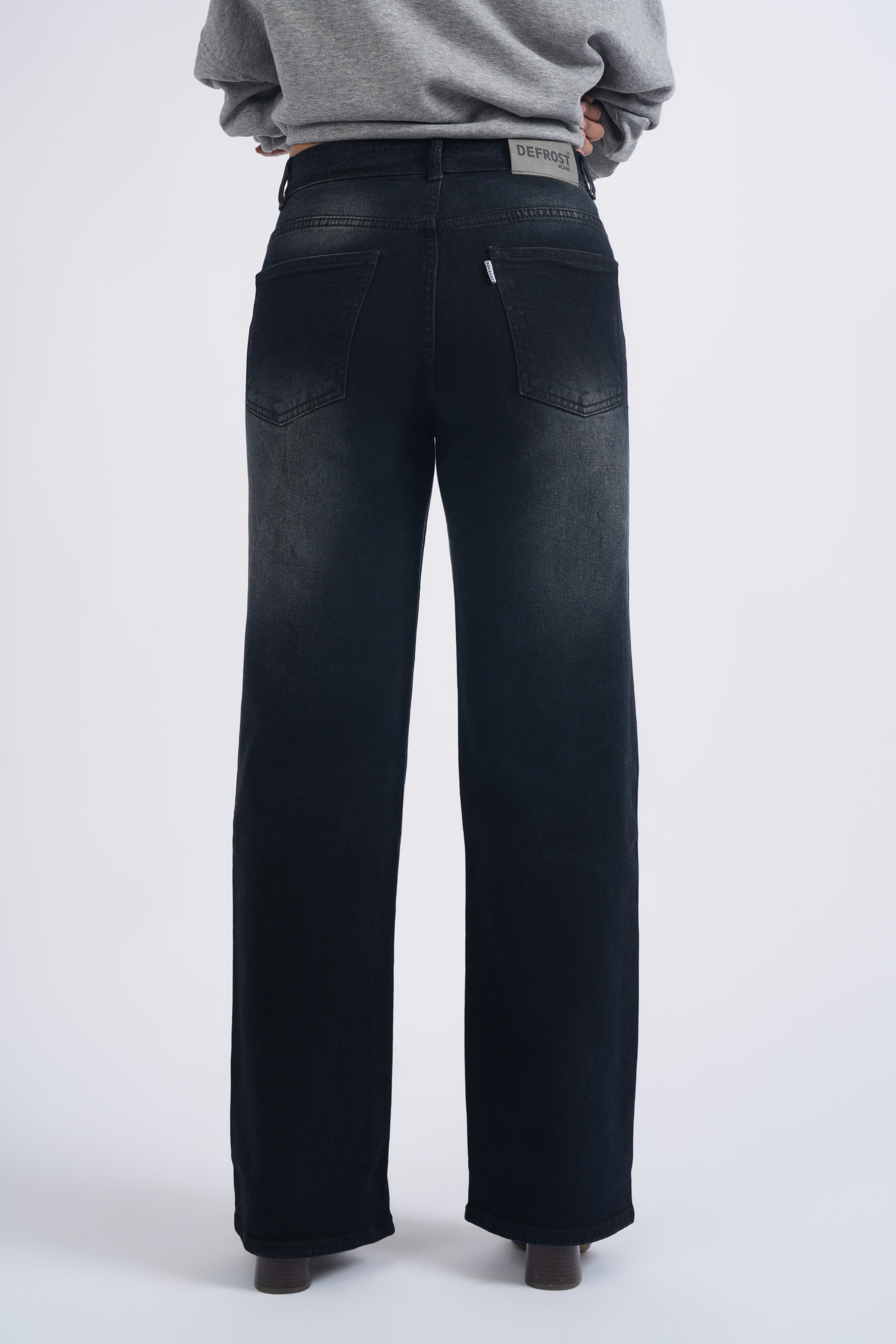 Women Black Washed Wide Leg High Waist Jeans