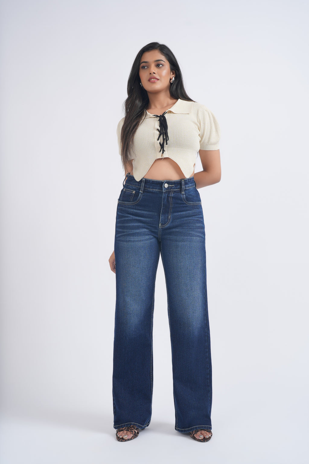 Women Dark Blue Whisker Washed High Waist Wide Leg Jeans