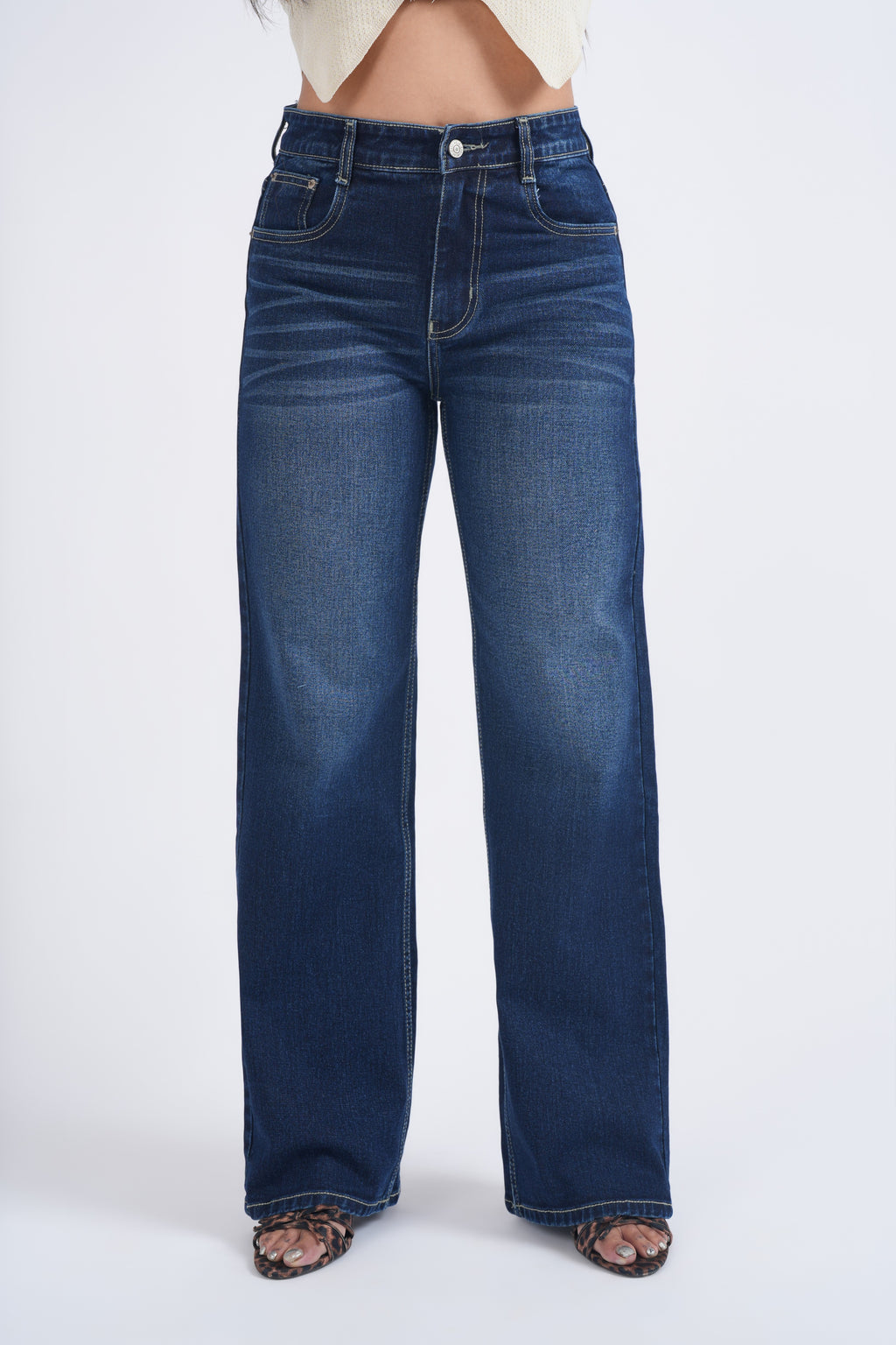 Women Dark Blue Whisker Washed High Waist Wide Leg Jeans
