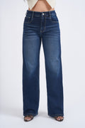 Women Dark Blue Whisker Washed High Waist Wide Leg Jeans