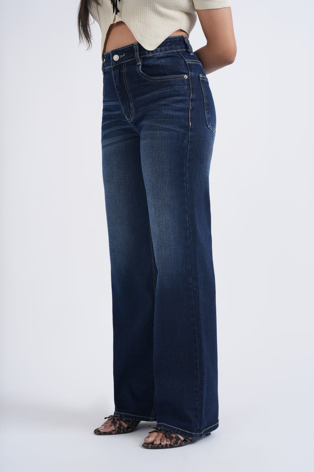 Women Dark Blue Whisker Washed High Waist Wide Leg Jeans
