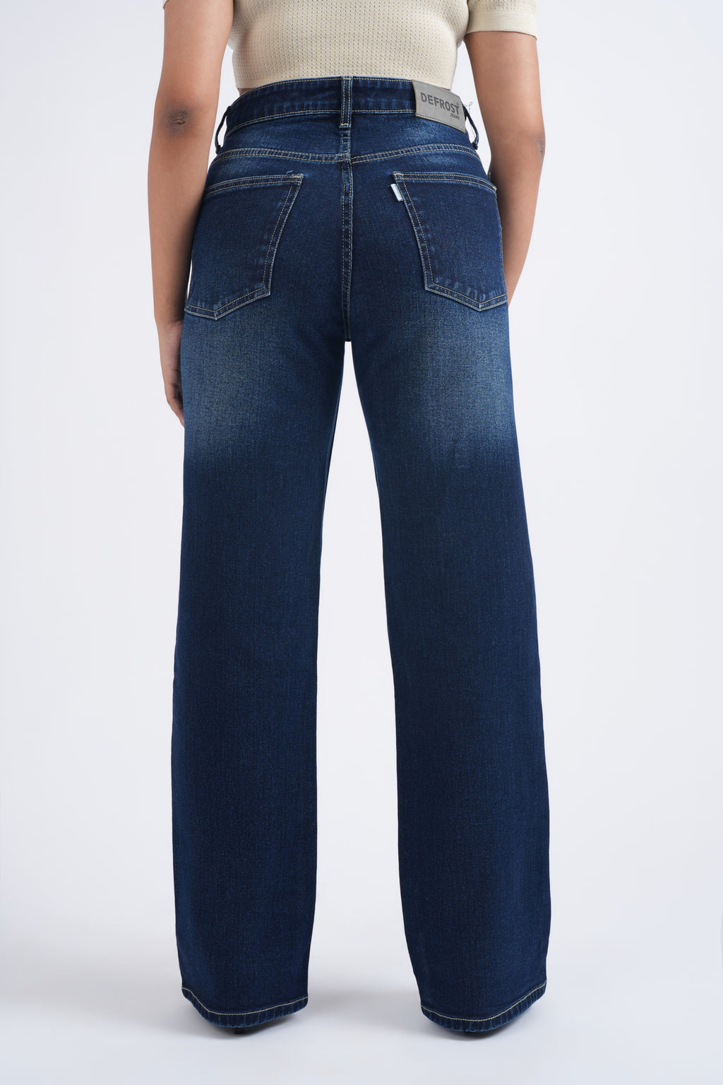 Women Dark Blue Whisker Washed High Waist Wide Leg Jeans