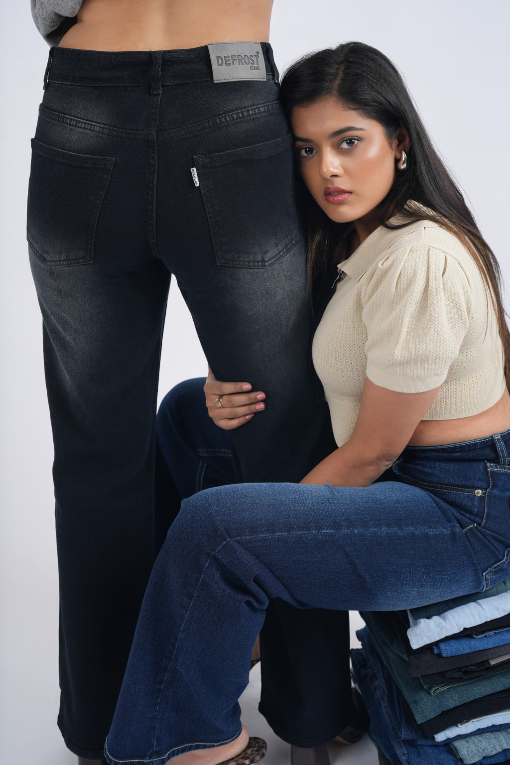 Women Black Washed Wide Leg High Waist Jeans